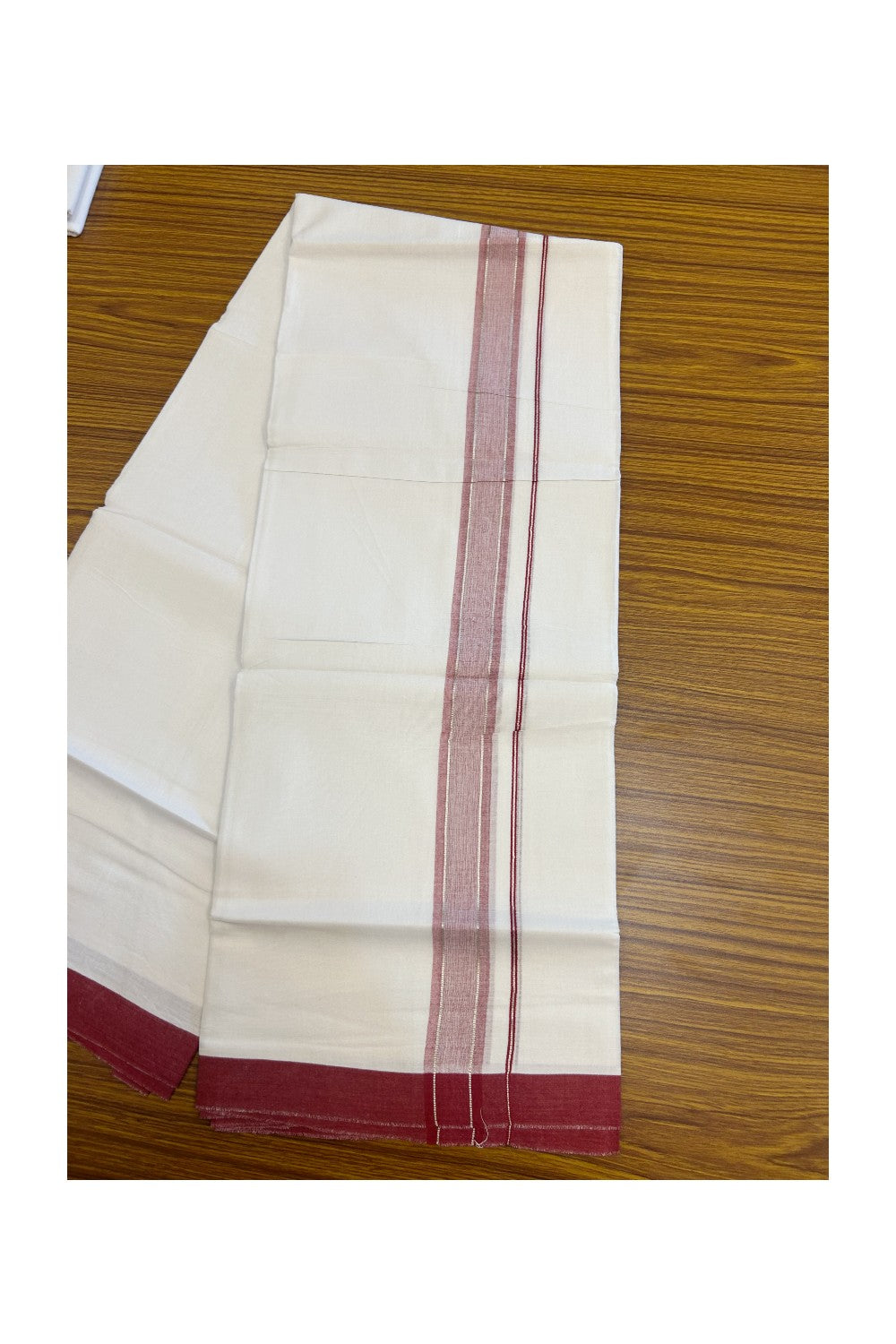 20% DISCOUNT! KaithariKada Balaramapuram 100% Cotton Double Pure white Mundu/Dhoti- 60s - 1.25 inch Silver Kasavu & Maroon Shaded Kara - 3.88mtr ( 8 muzham) - 47KK5227 PMC