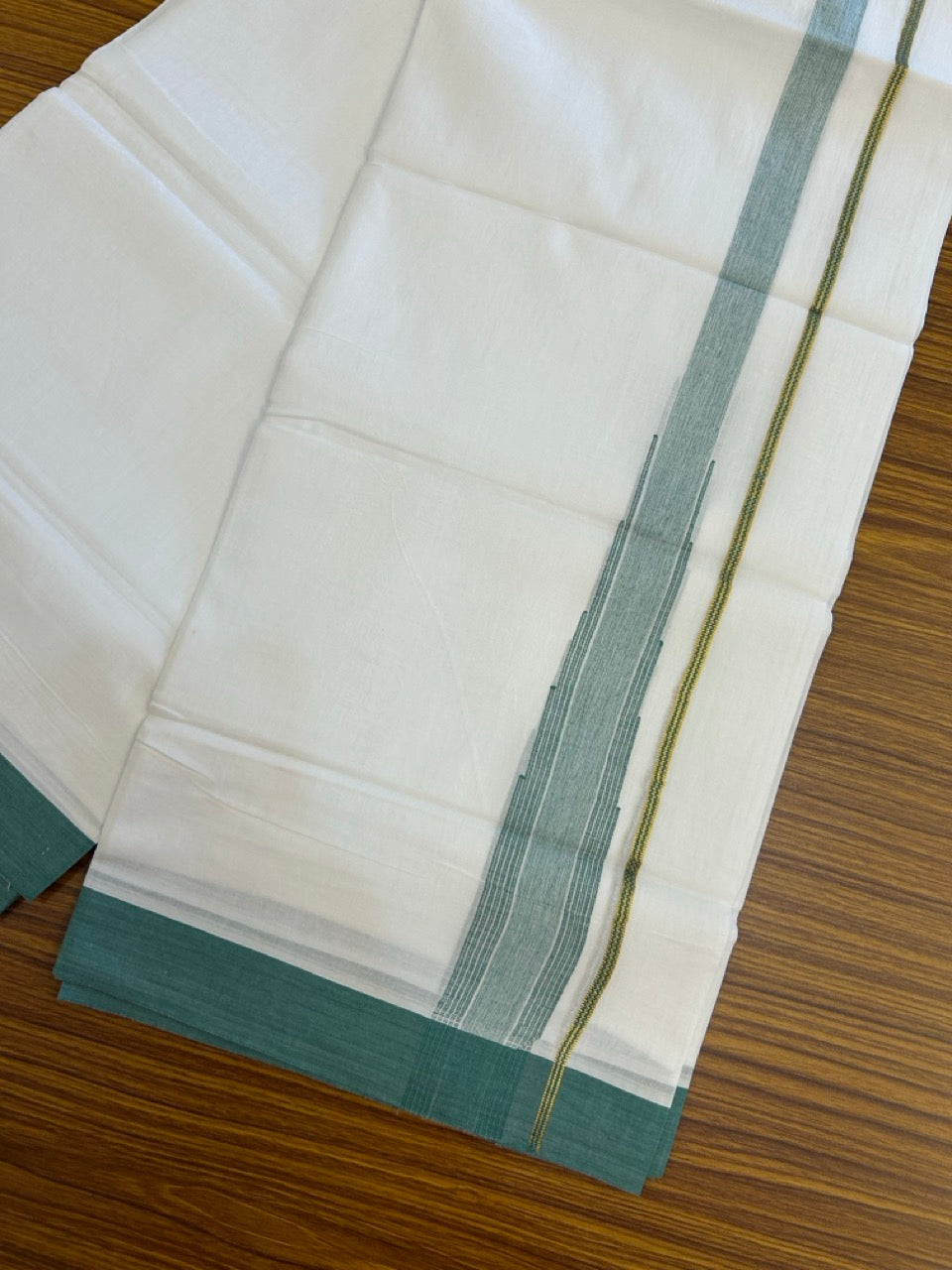 24% Discount! KaithariKada Balaramapuram 100% Cotton Pure white Double Mundu/Dhoti - (100x80)s - 1.5 inch Puliyilakkara Green Stripes Chutty Gold Kasav - 47 KK5258 THI