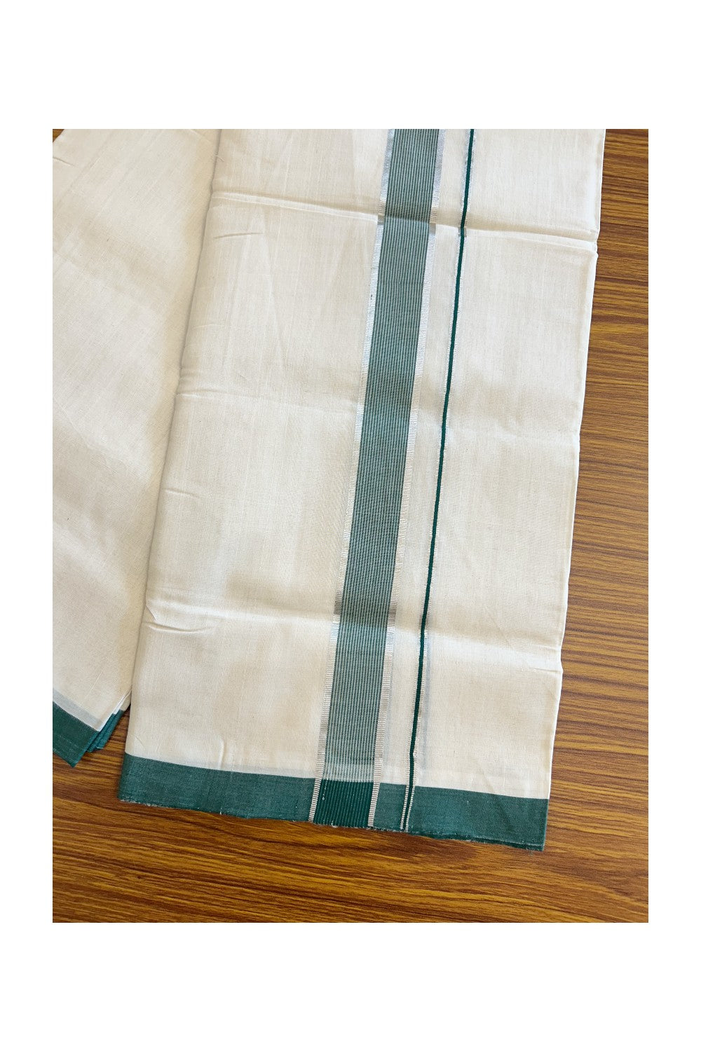 25% Discount!! KaithariKada Handloom Unakkupaavu Balaramapuram - 100% Pure Cotton Off White (Unbleached) Double Mundu/Dothi - Silver kasavu white striped green kara - 18KK203RAM