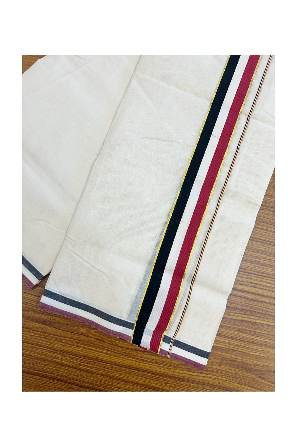 ADMK VESHTI - 20% DISCOUNT! KaithariKada 100% Cotton off white Double - (Unbleached) Mundu/Dhoti - 100X100 - 2 inch Gold Kasavu & Black White Maroon kara - 47KK5218ASH