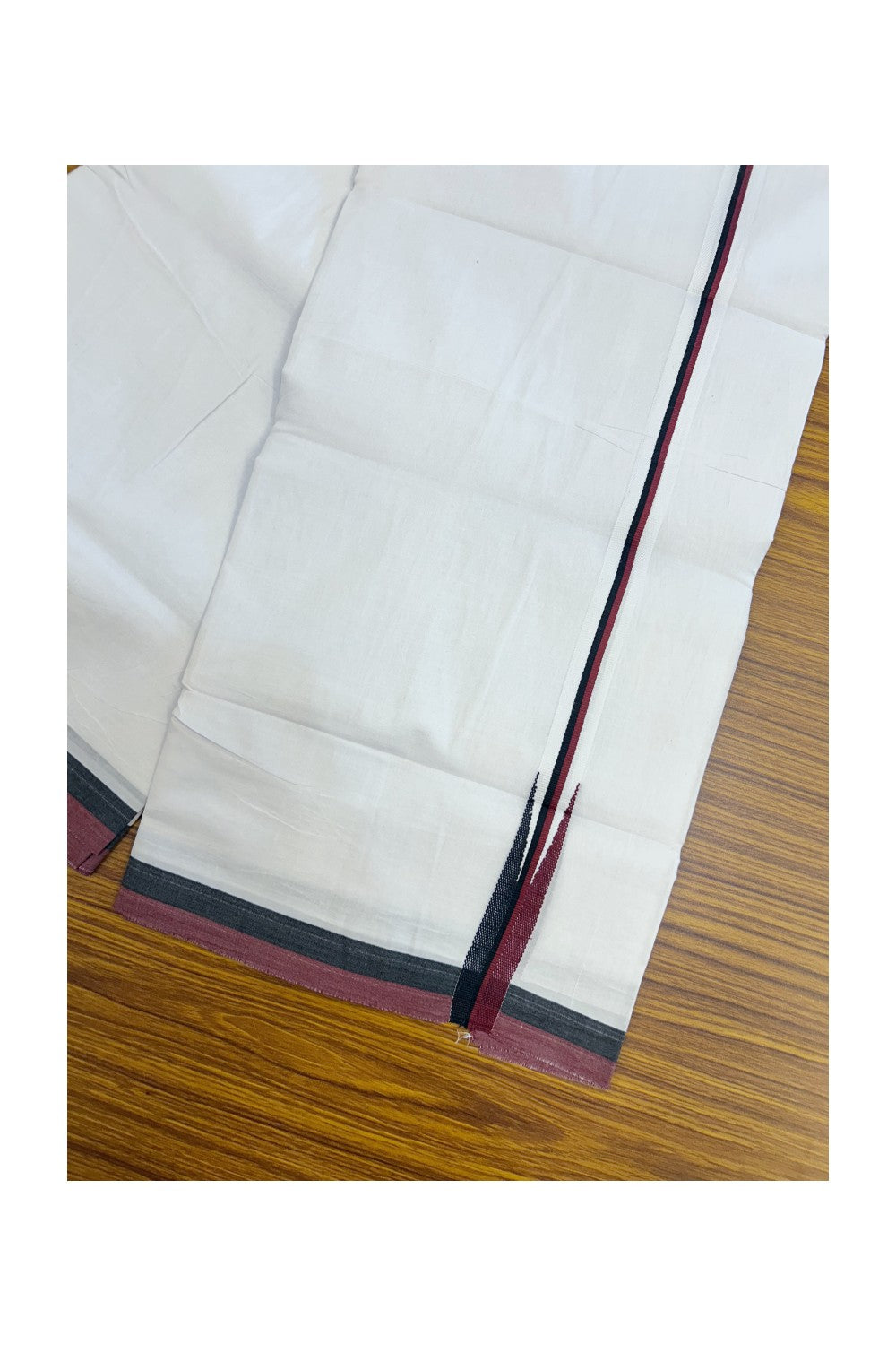 DMK Veshti - 20% Discount !! KaithariKada Balaramapuram PURE WHITE DOUBLE Mundu/Dhoti - 100X100 - Puliyilakkara 0.75 inch Maroon & Black Thin Chutty Kara 3.75 mtr (8 muzham) - 46KK5224 ASH