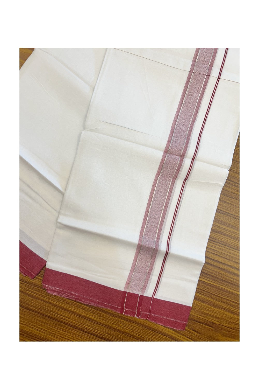 20% DISCOUNT! KaithariKada Balaramapuram 100% Cotton Double Pure white Mundu/Dhoti- 60s - 1.25 inch Silver Kasavu & Maroon Shaded Kara - 3.88mtr ( 8 muzham) - 47KK5227 PMC
