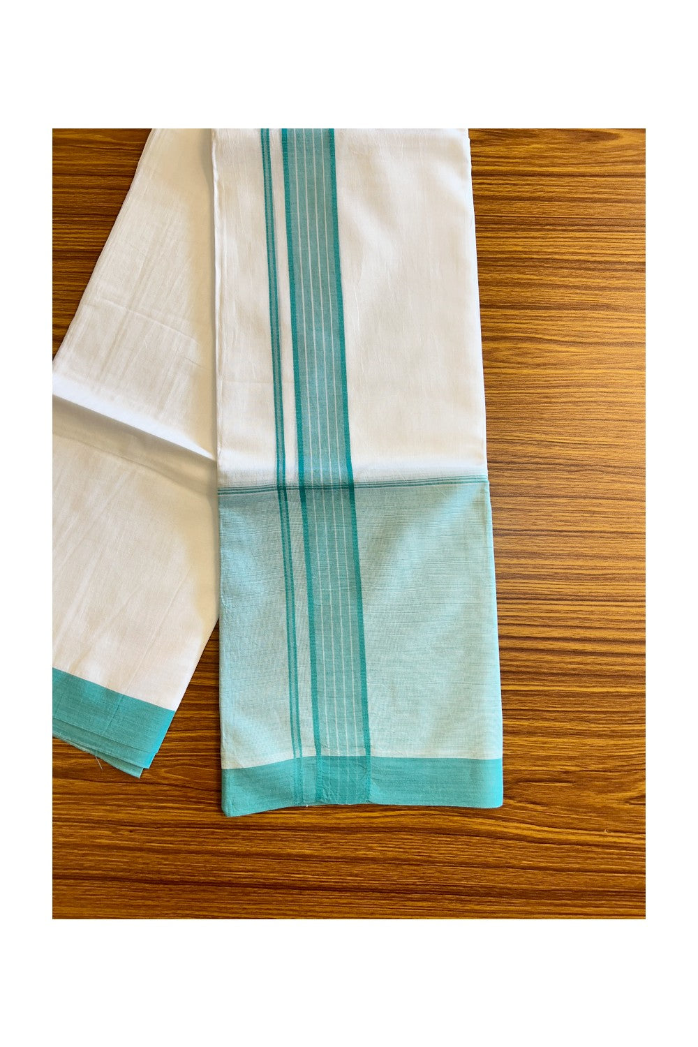 15% Discount!! Kaitharikada Balaramapuram 100% Cotton Pure  White Double Mundu/Dothi-100x100   2.25 Inch Turquoise Green Shaded Cotton Kara 3.75m (8 Muzham) - 47KK74RAM