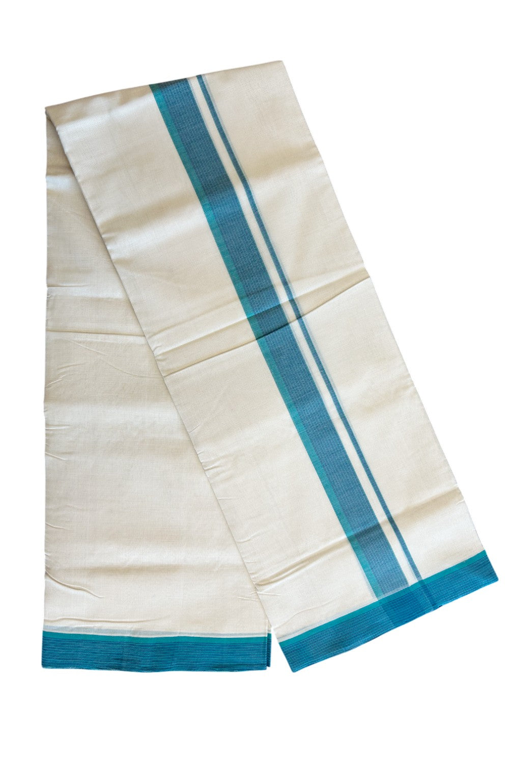 30% DISCOUNT!! KaithariKada HANDLOOM Unakkupaavu Balaramapuram - 100% PURE Cotton OFF White (Unbleached) Double Mundu/Dothi - Blue striped green kara - 20KK203RAM