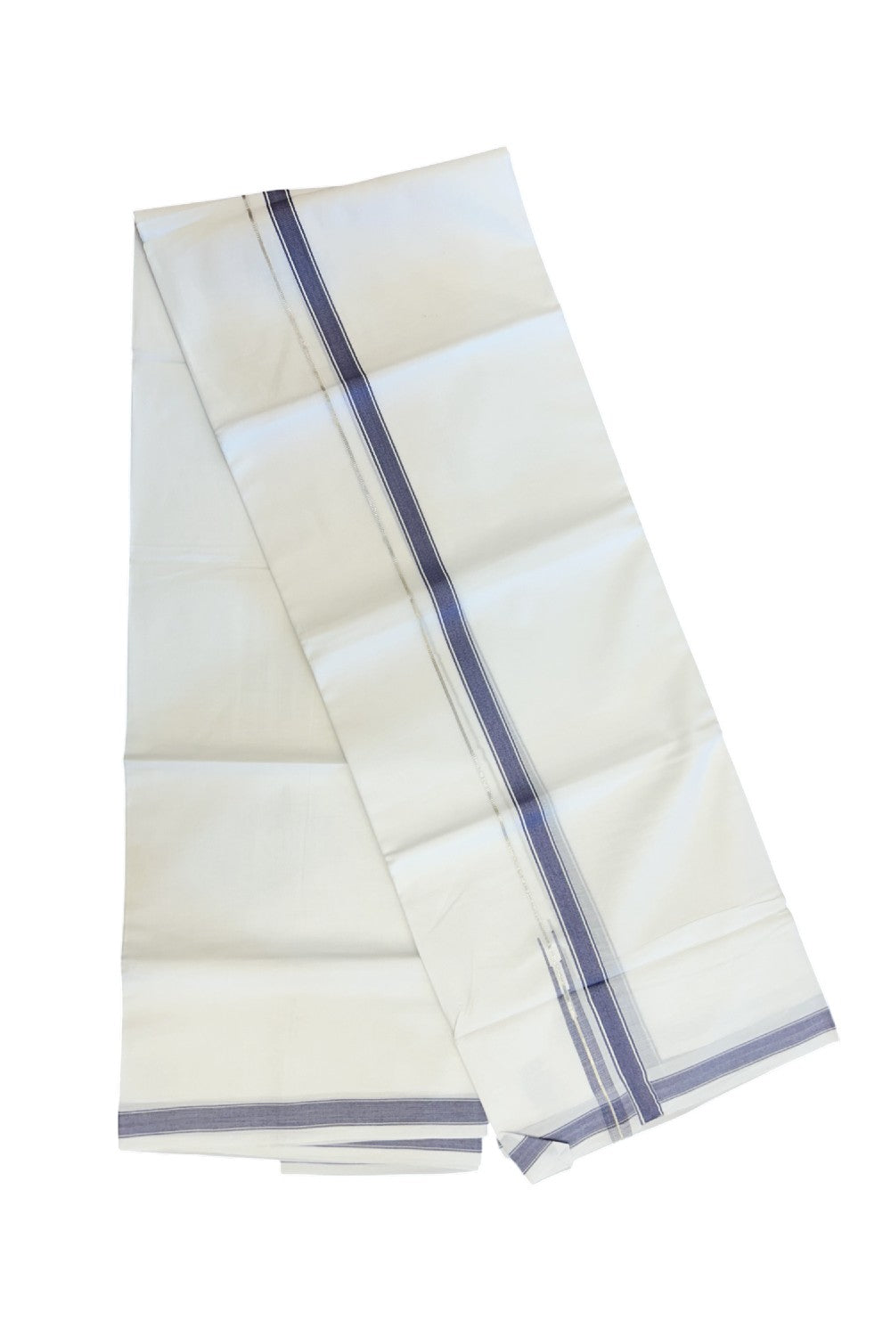 20% DISCOUNT!! Kaitharikada Balaramapuram 100% Pure Cotton PURE WHITE Double Mundu/Dothi - 100x80 - 0.5 Inch Purple Navy & Silver shaded Stripes Puliyilakkara Chutty - 48KK5217 CKS
