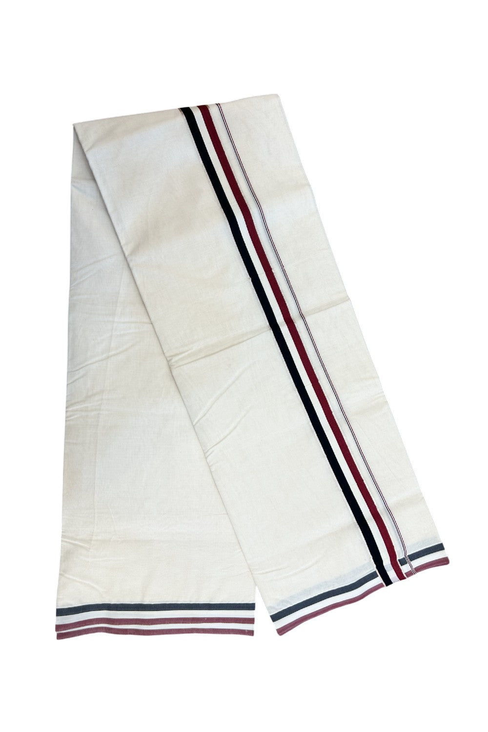 ADMK VESHTI - 20% DISCOUNT! KaithariKada 100% Cotton off white Double - (Unbleached) Mundu/Dhoti - 100X100 - 1.25 inch Silver Kasavu & Black White Maroon kara - 49KK5218ASH