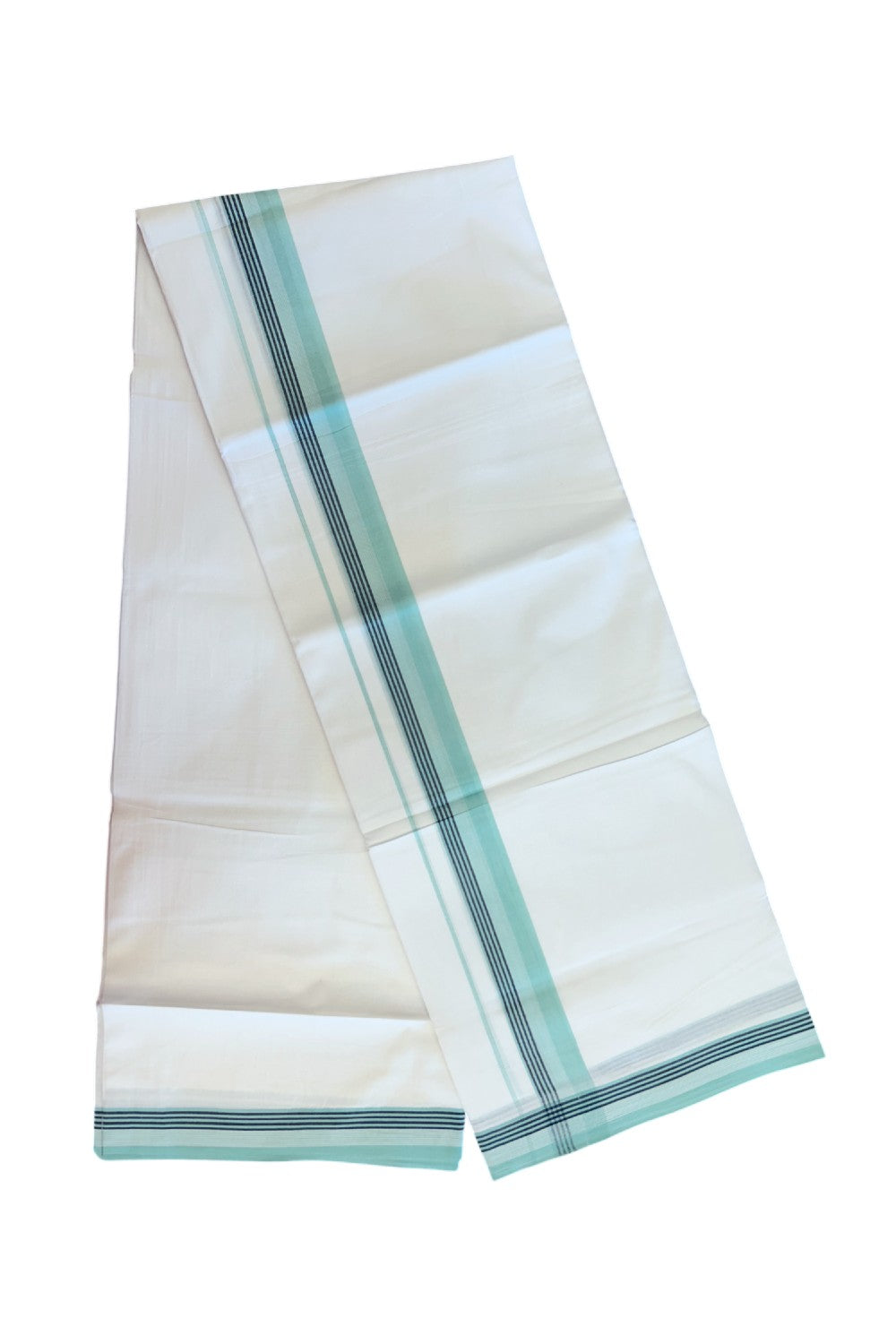 20% Discount ! Kaitharikada Balaramapuram 100% Cotton PURE WHITE Double Mundu/Dothi - 100x80 - 1.5 inch Turquoise Green & Black Striped Kara 3.75 mtr (8 muzham) - 48KK5220 THI