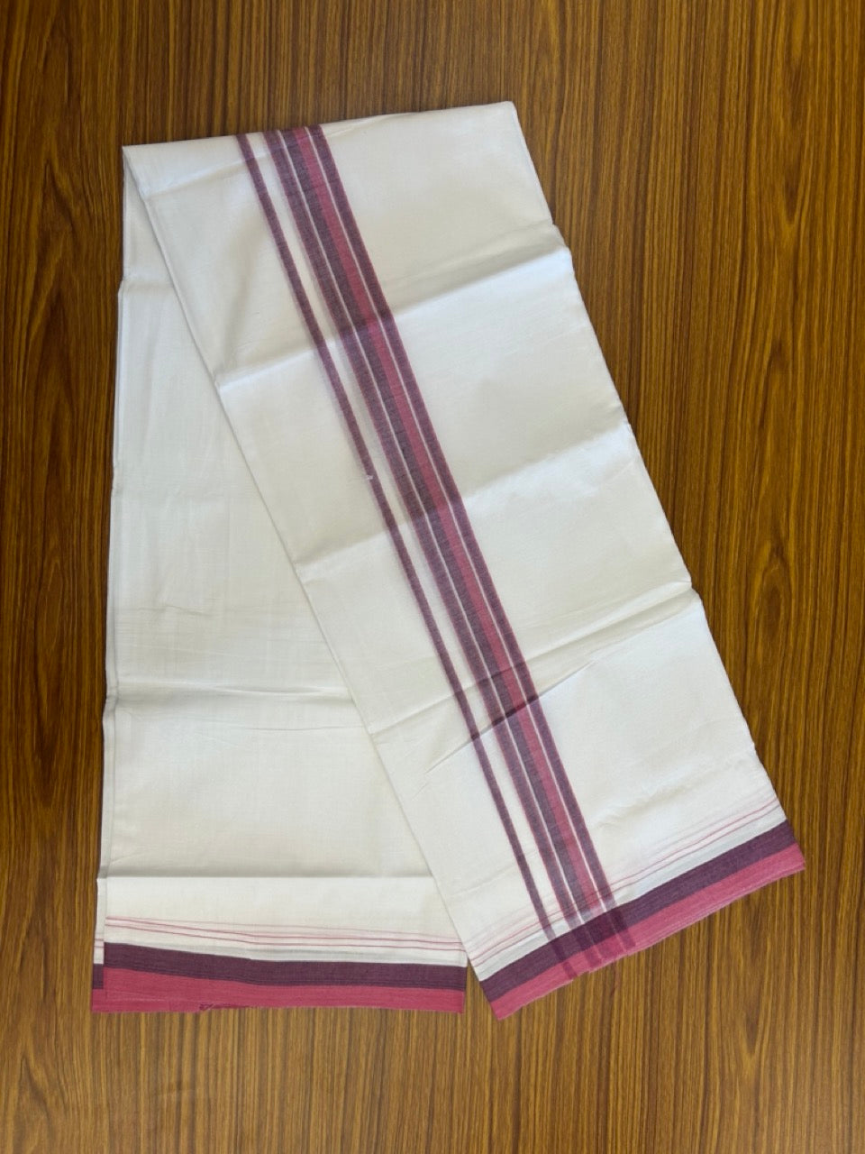 20% Discount ! NEW! KaithariKada Balaramapuram 100% Cotton Pure white Double Mundu/Dhoti - (100x80)s - 1.5 inch Purple Violet Stripes Kara - 48 KK5249 VIN
