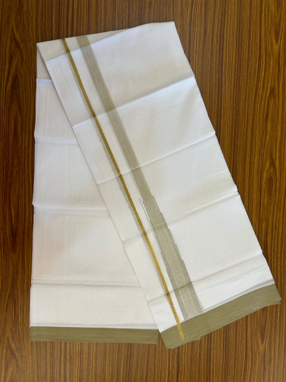 24% Discount! KaithariKada Balaramapuram 100% Cotton Pure white Double Mundu/Dhoti - (100x80)s - 1.5 inch Puliyilakkara Mellow Yellow Green Stripes Chutty Gold Kasav - 48 KK5258 THI