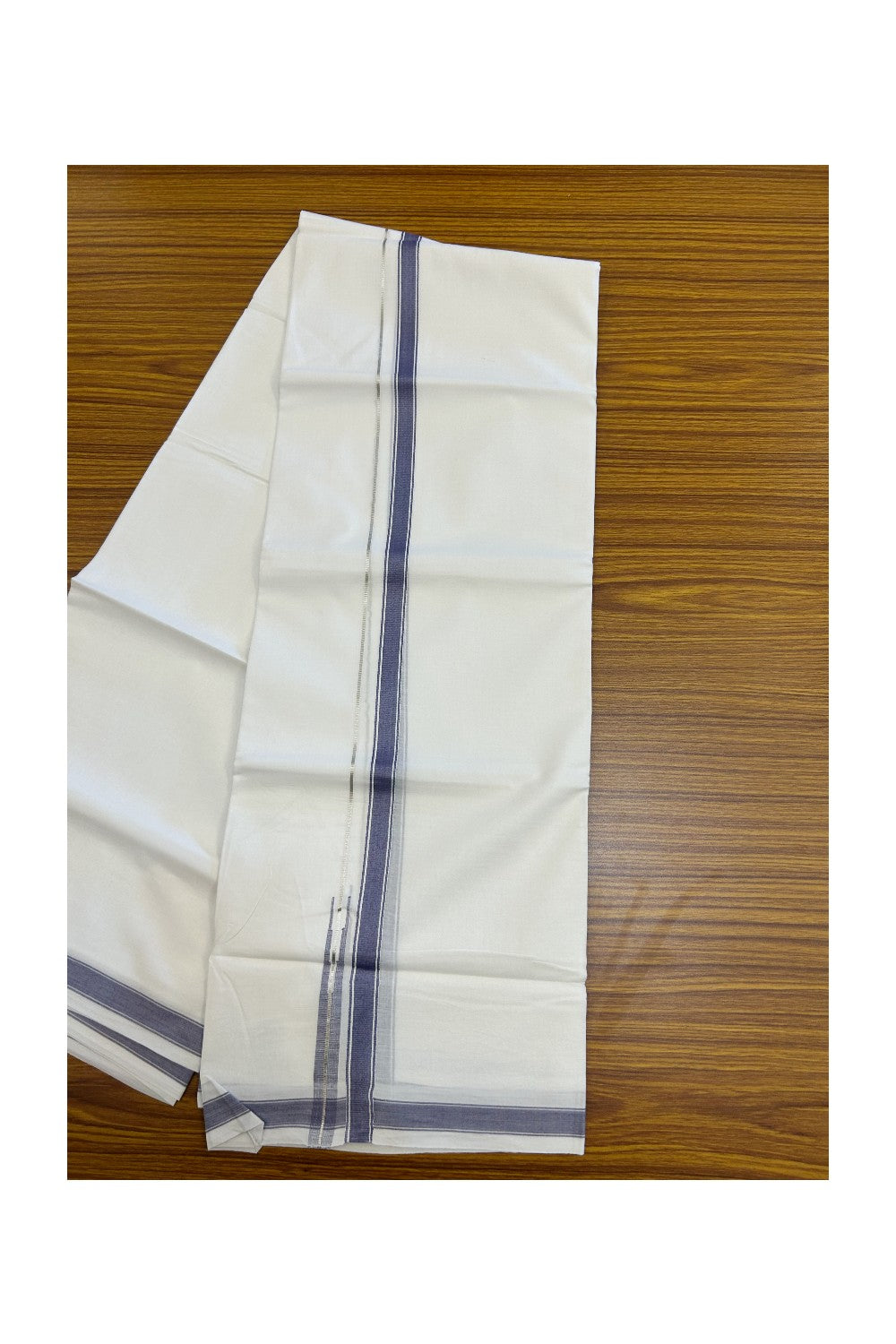 20% DISCOUNT!! Kaitharikada Balaramapuram 100% Pure Cotton PURE WHITE Double Mundu/Dothi - 100x80 - 0.5 Inch Purple Navy & Silver shaded Stripes Puliyilakkara Chutty - 48KK5217 CKS