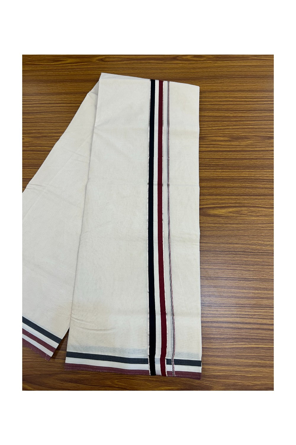 ADMK VESHTI - 20% DISCOUNT! KaithariKada 100% Cotton off white Double - (Unbleached) Mundu/Dhoti - 100X100 - 1.25 inch Silver Kasavu & Black White Maroon kara - 49KK5218ASH