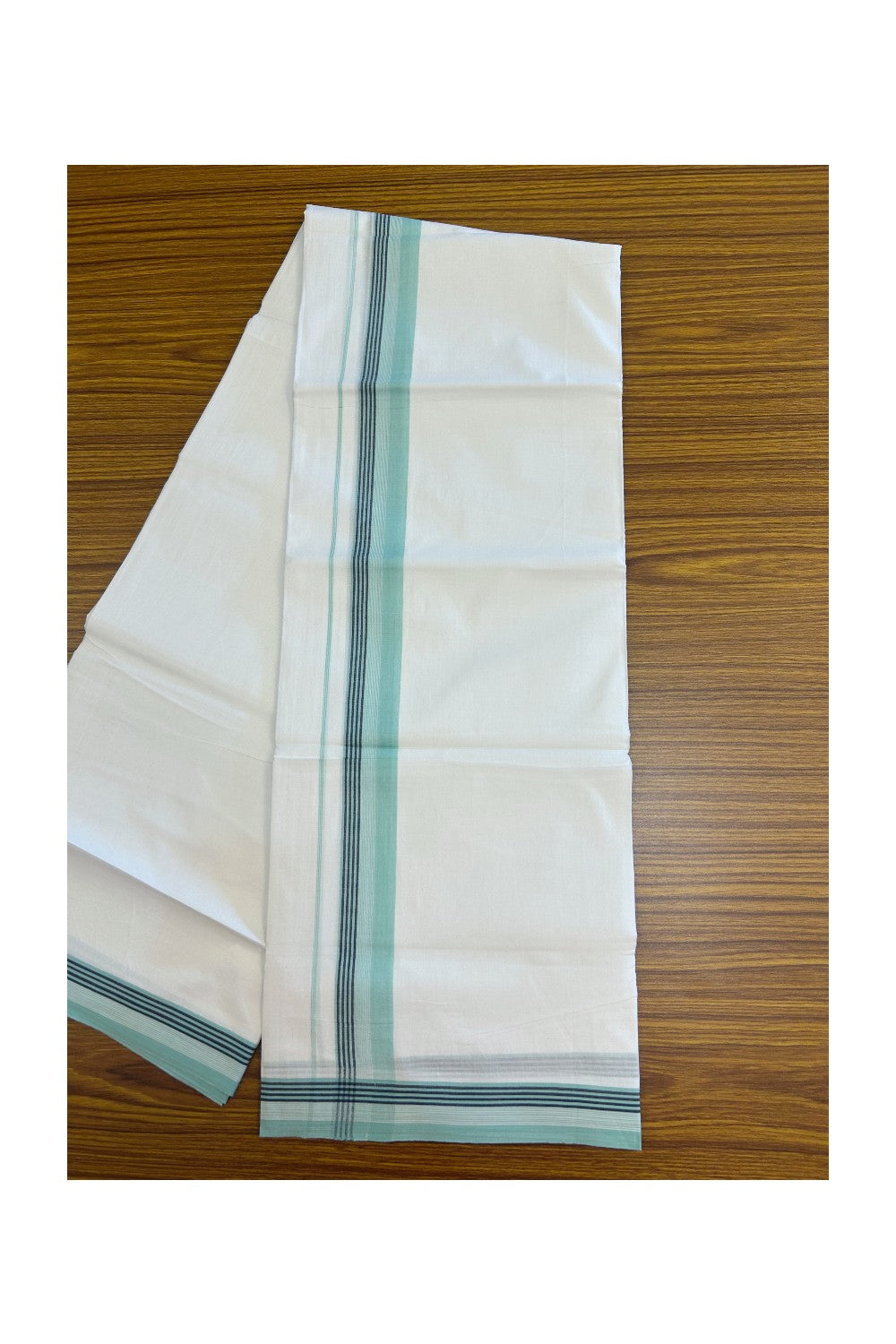 20% Discount ! Kaitharikada Balaramapuram 100% Cotton PURE WHITE Double Mundu/Dothi - 100x80 - 1.5 inch Turquoise Green & Black Striped Kara 3.75 mtr (8 muzham) - 48KK5220 THI