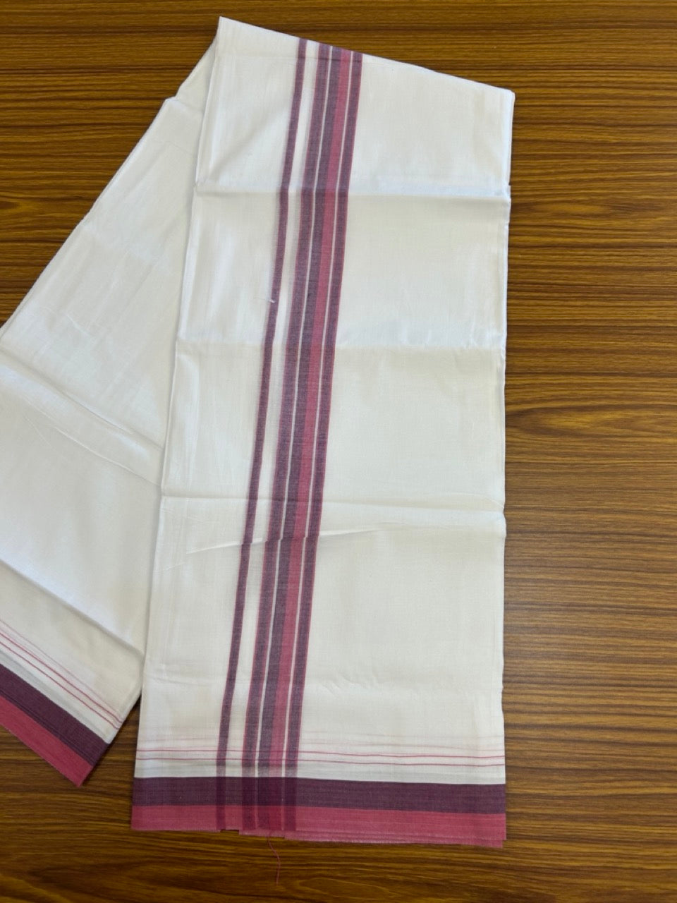20% Discount ! NEW! KaithariKada Balaramapuram 100% Cotton Pure white Double Mundu/Dhoti - (100x80)s - 1.5 inch Purple Violet Stripes Kara - 48 KK5249 VIN
