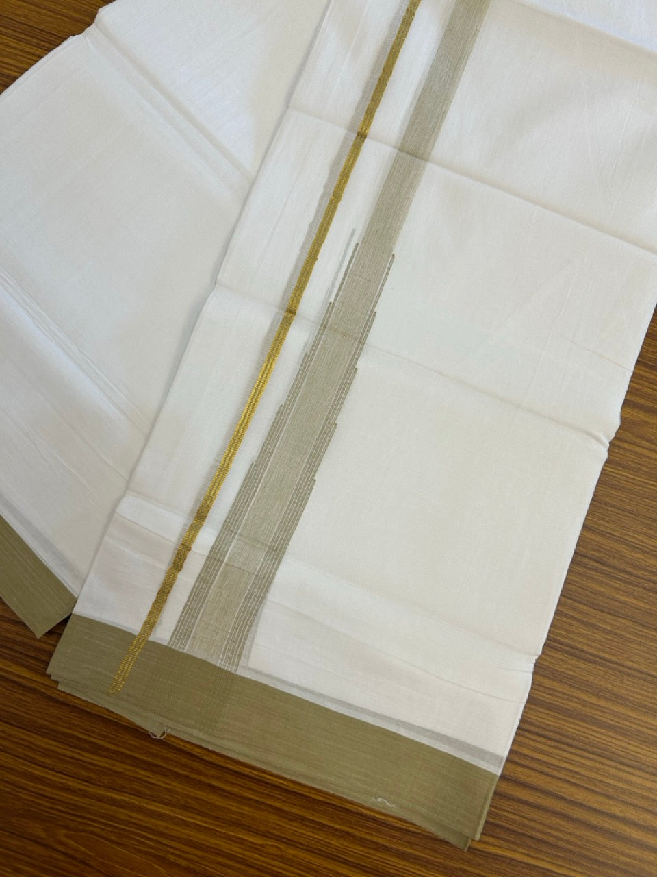 24% Discount! KaithariKada Balaramapuram 100% Cotton Pure white Double Mundu/Dhoti - (100x80)s - 1.5 inch Puliyilakkara Mellow Yellow Green Stripes Chutty Gold Kasav - 48 KK5258 THI