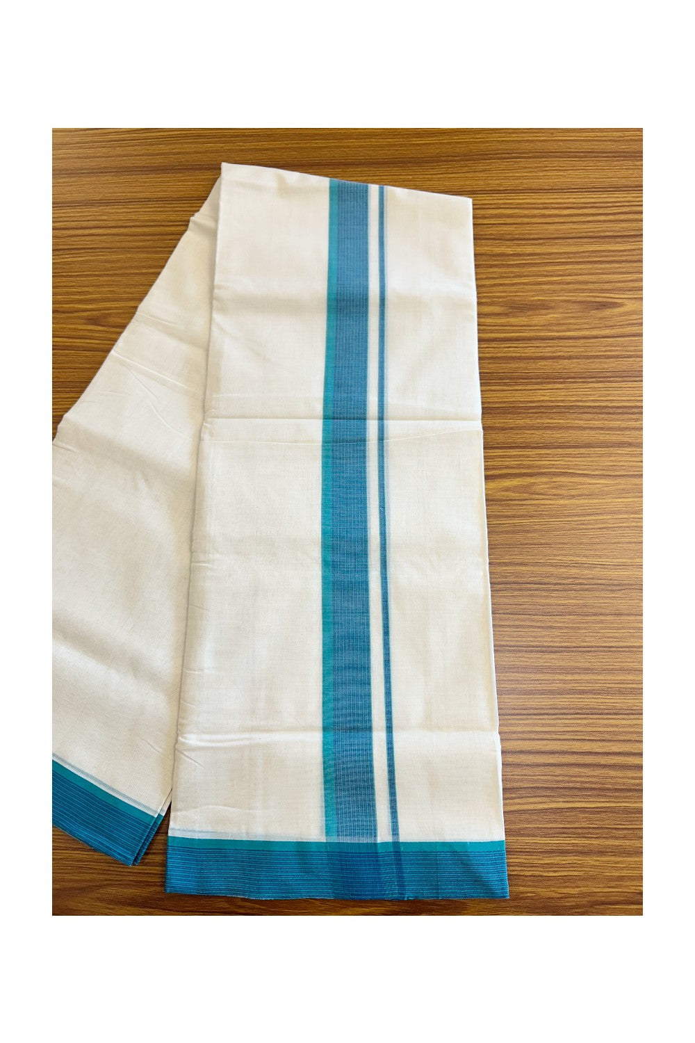 30% DISCOUNT!! KaithariKada HANDLOOM Unakkupaavu Balaramapuram - 100% PURE Cotton OFF White (Unbleached) Double Mundu/Dothi - Blue striped green kara - 20KK203RAM