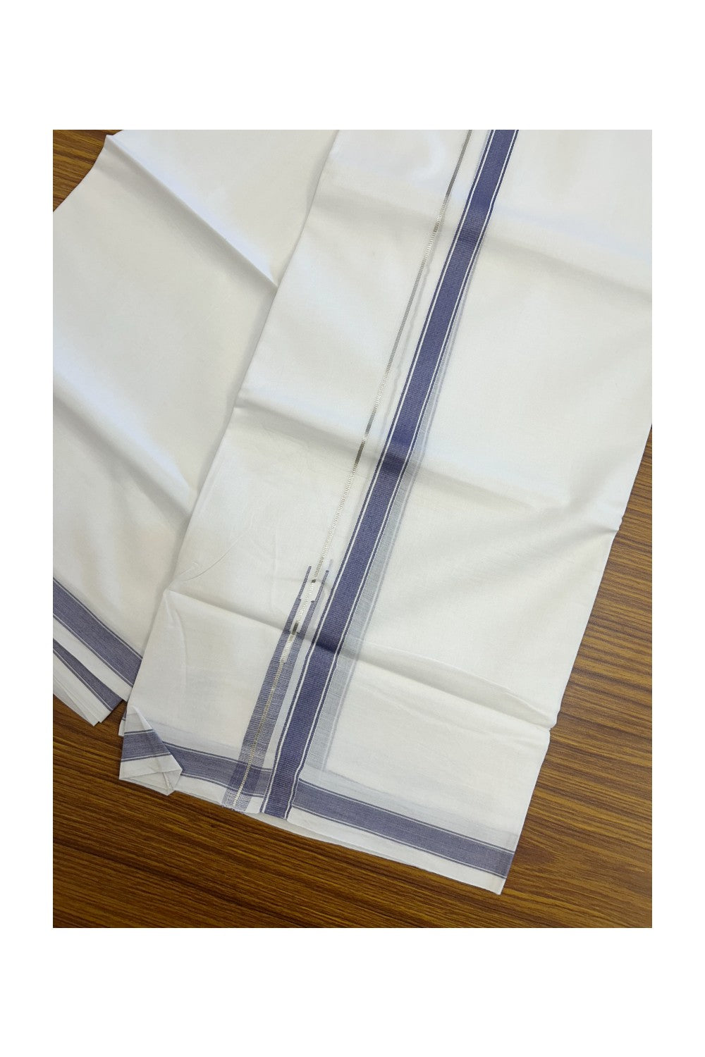 20% DISCOUNT!! Kaitharikada Balaramapuram 100% Pure Cotton PURE WHITE Double Mundu/Dothi - 100x80 - 0.5 Inch Purple Navy & Silver shaded Stripes Puliyilakkara Chutty - 48KK5217 CKS