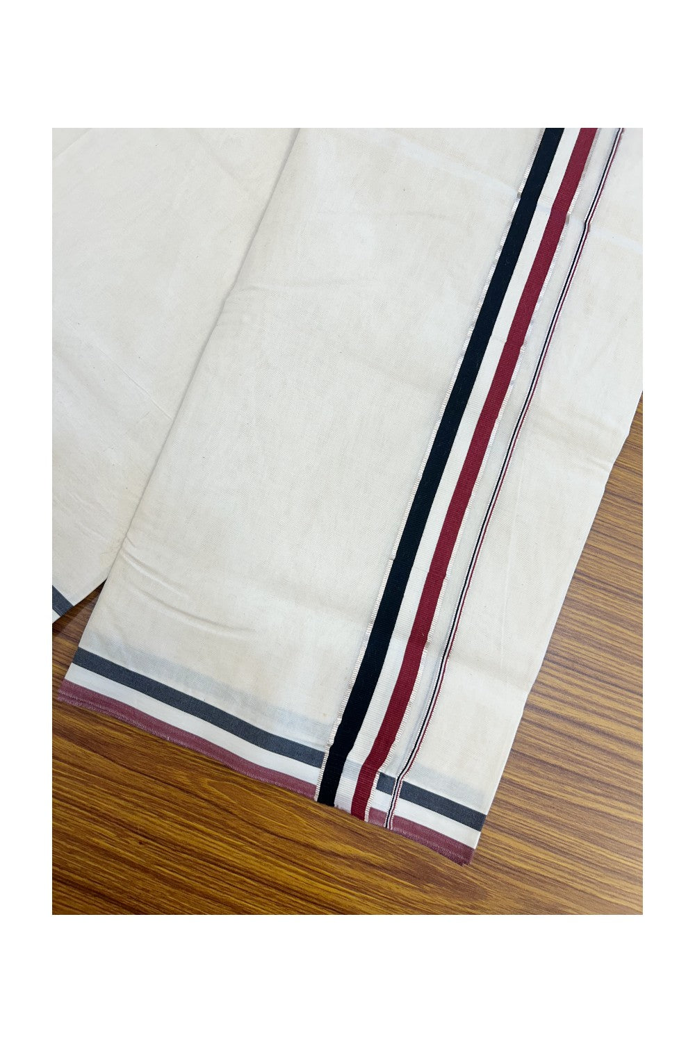 ADMK VESHTI - 20% DISCOUNT! KaithariKada 100% Cotton off white Double - (Unbleached) Mundu/Dhoti - 100X100 - 1.25 inch Silver Kasavu & Black White Maroon kara - 49KK5218ASH