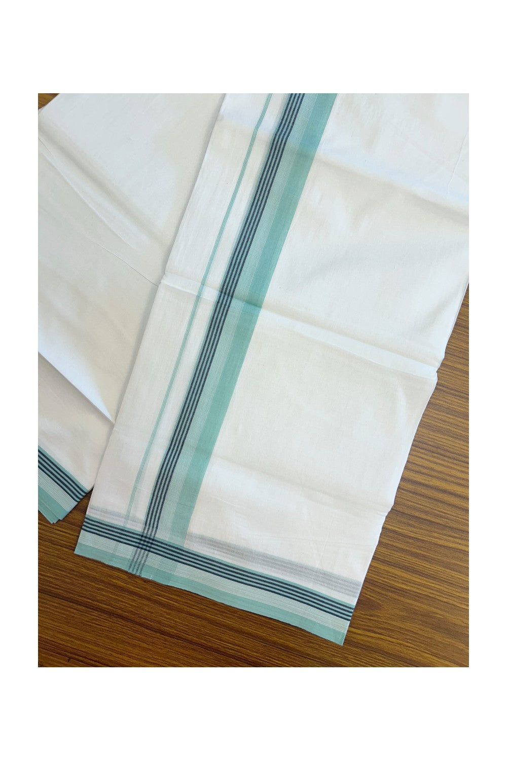 20% Discount ! Kaitharikada Balaramapuram 100% Cotton PURE WHITE Double Mundu/Dothi - 100x80 - 1.5 inch Turquoise Green & Black Striped Kara 3.75 mtr (8 muzham) - 48KK5220 THI