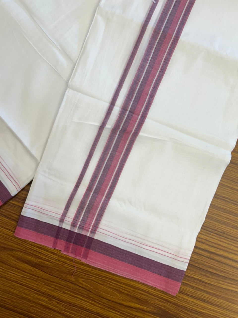20% Discount ! NEW! KaithariKada Balaramapuram 100% Cotton Pure white Double Mundu/Dhoti - (100x80)s - 1.5 inch Purple Violet Stripes Kara - 48 KK5249 VIN