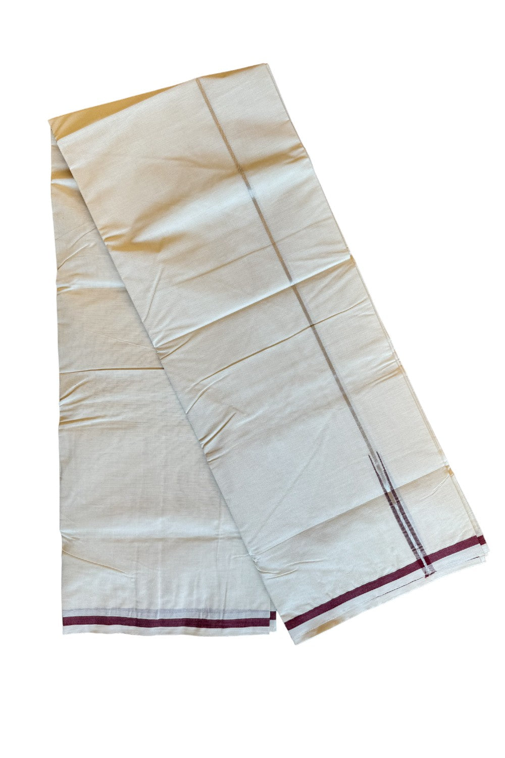 15% Discount!! KaithariKada Balaramapuram 100% Cotton off white Double - (Unbleached) Mundu/Dhoti-100x100  Puliyilakkara Chutty Maroon & Silver Kasav Kara - 49KK203RAM