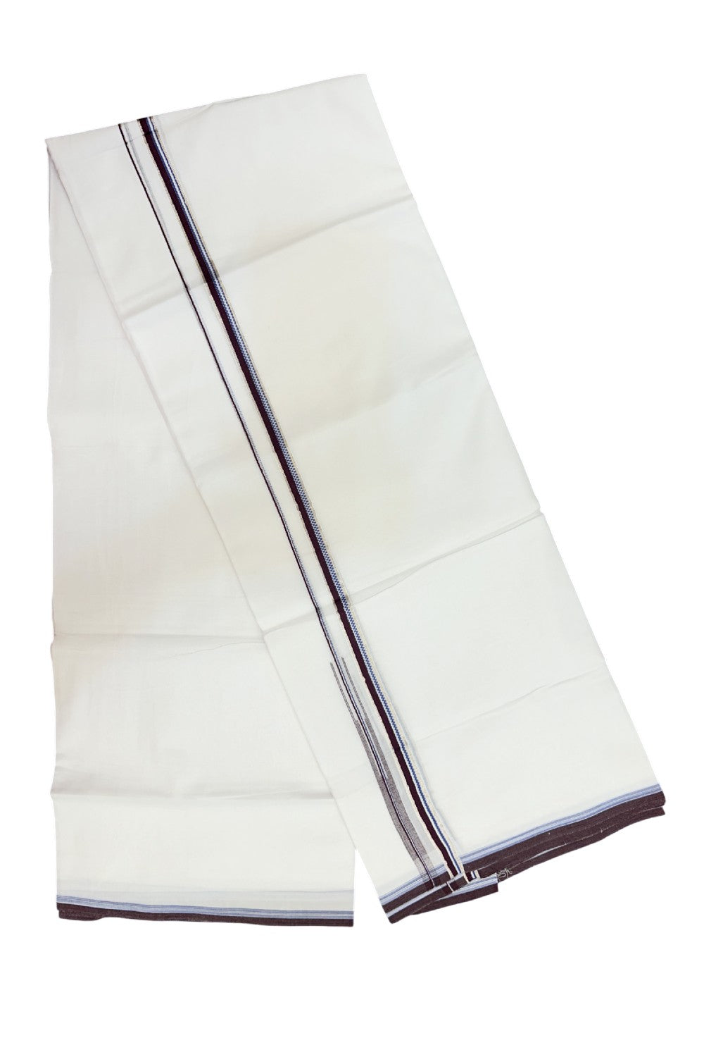 20% Discount !! Kaitharikada Balaramapuram 100% Cotton PURE WHITE DOUBLE Mundu/Dothi- 100X80 Thread - 0.5 inch - Silver Kasavu Maroon & Blue Design Chutty Kara - 49KK5191CKS