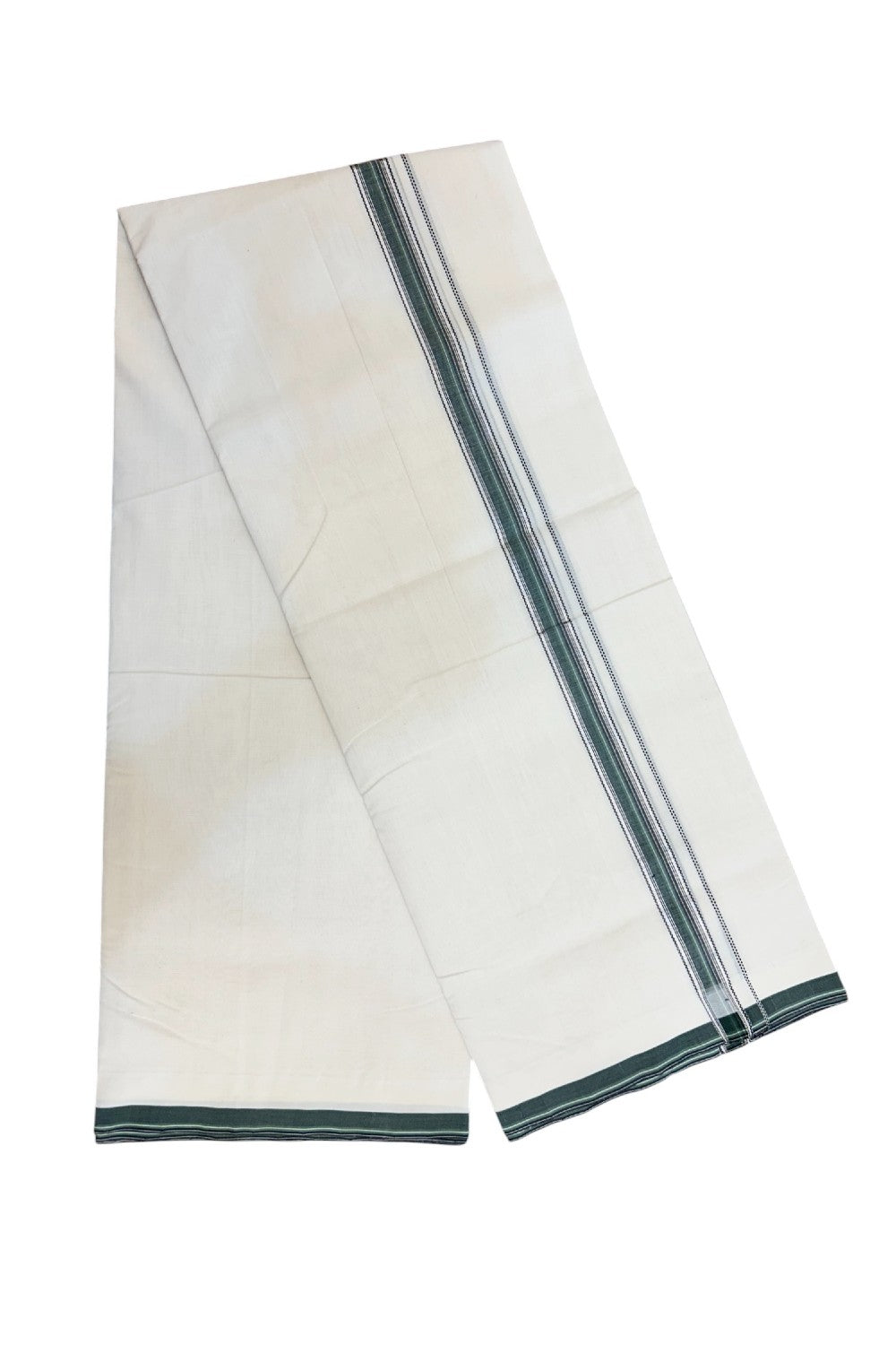 25% DISCOUNT!! KaithariKada HANDLOOM UNAKKUPAAV Balaramapuram - 100% PURE Cotton OFF White - (Unbleached) Double Mundu/Dothi - 80x100 - 1 inch Silver Kasavu Black & Green Striped Kara- 49KK5209 REA