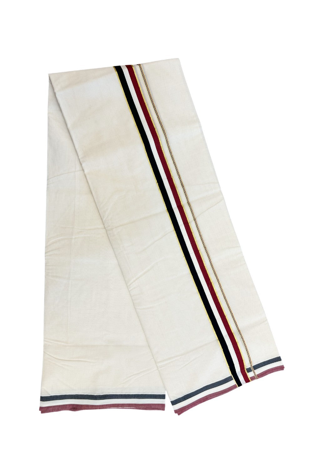 ADMK VESHTI - 20% DISCOUNT! KaithariKada 100% Cotton off white Double - (Unbleached) Mundu/Dhoti - 100X100 - 1.5 inch Gold Kasavu & Black White Maroon kara - 48KK5218ASH