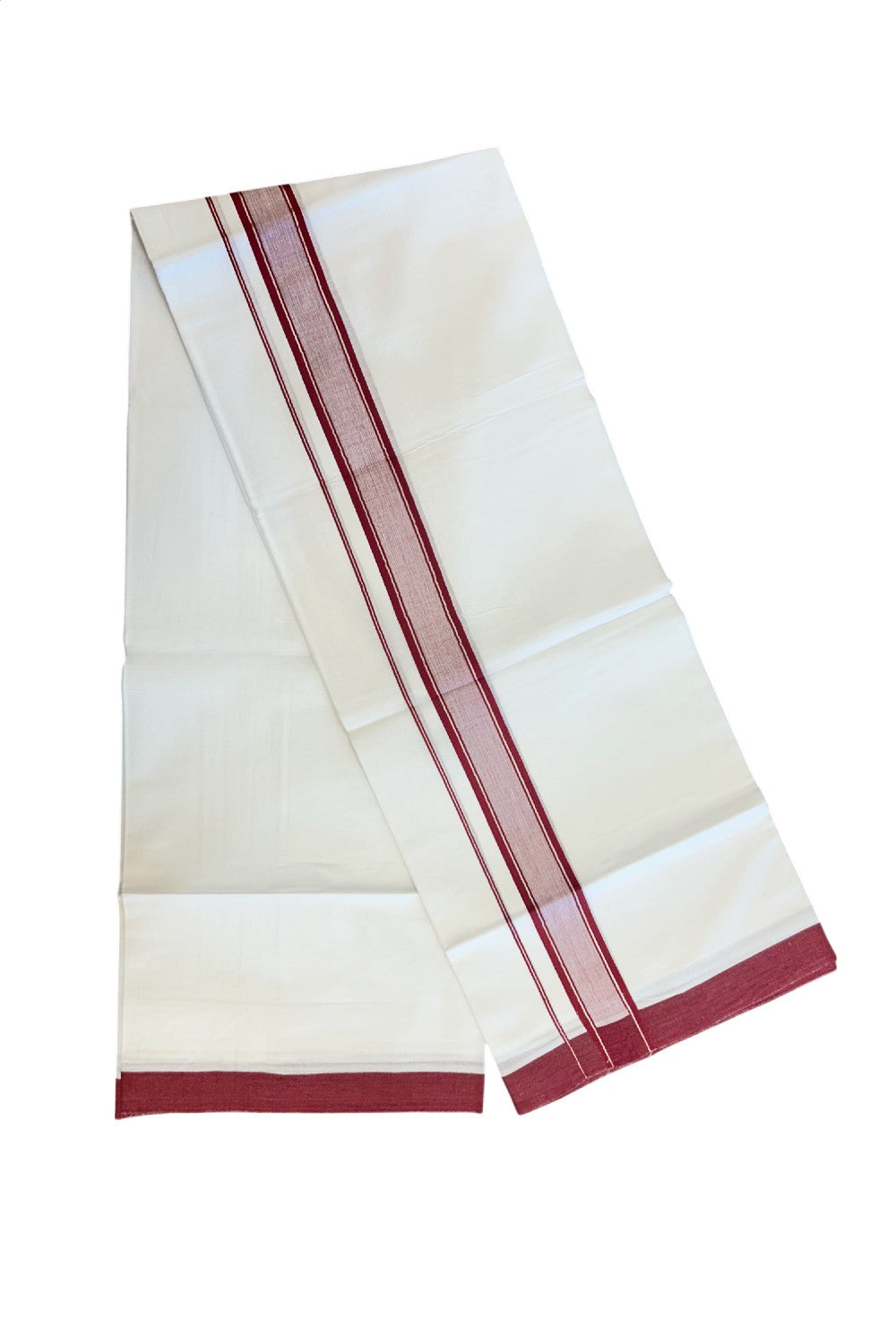 36% DISCOUNT! KaithariKada Balaramapuram 100% Cotton Double Pure white Mundu/Dhoti- 60s - 1.5 inch Silver Kasavu & Maroon Kara - 3.88mtr ( 8 muzham) - 49KK5227 PMC