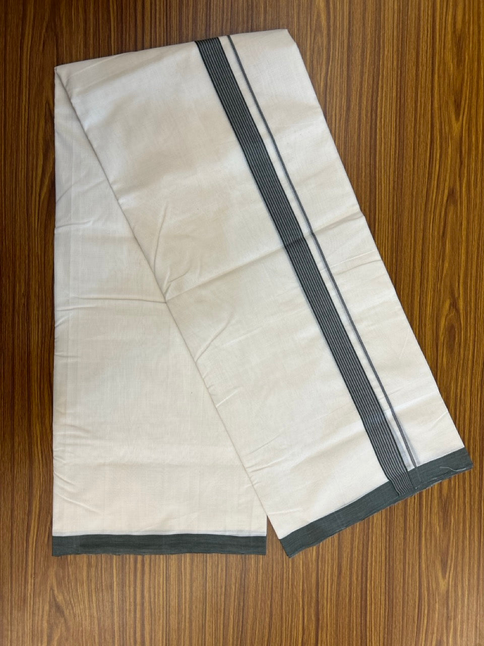 25% DISCOUNT!! KaithariKada HANDLOOM UNAKKUPAAV Balaramapuram - 100% PURE Cotton OFF White Double - (Unbleached)- Mundu/Dothi - Ash Green White Kara 4.5 Meters (10 Muzham) - 49 KK5249 REA