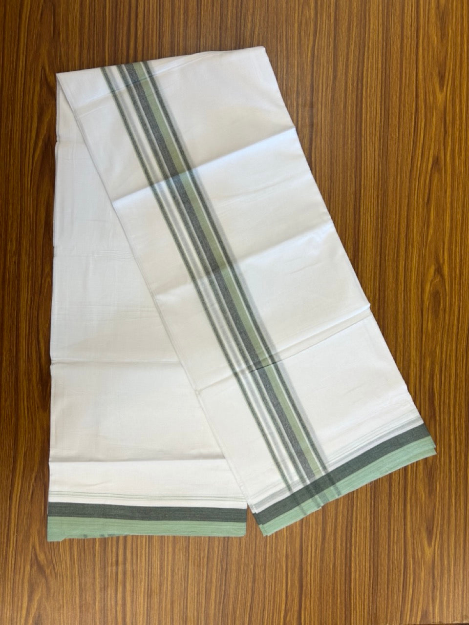 20% Discount ! NEW! KaithariKada Balaramapuram 100% Cotton Pure white Double Mundu/Dhoti - (100x80)s - 1.5 inch Green Stripes Kara - 49 KK5249 VIN