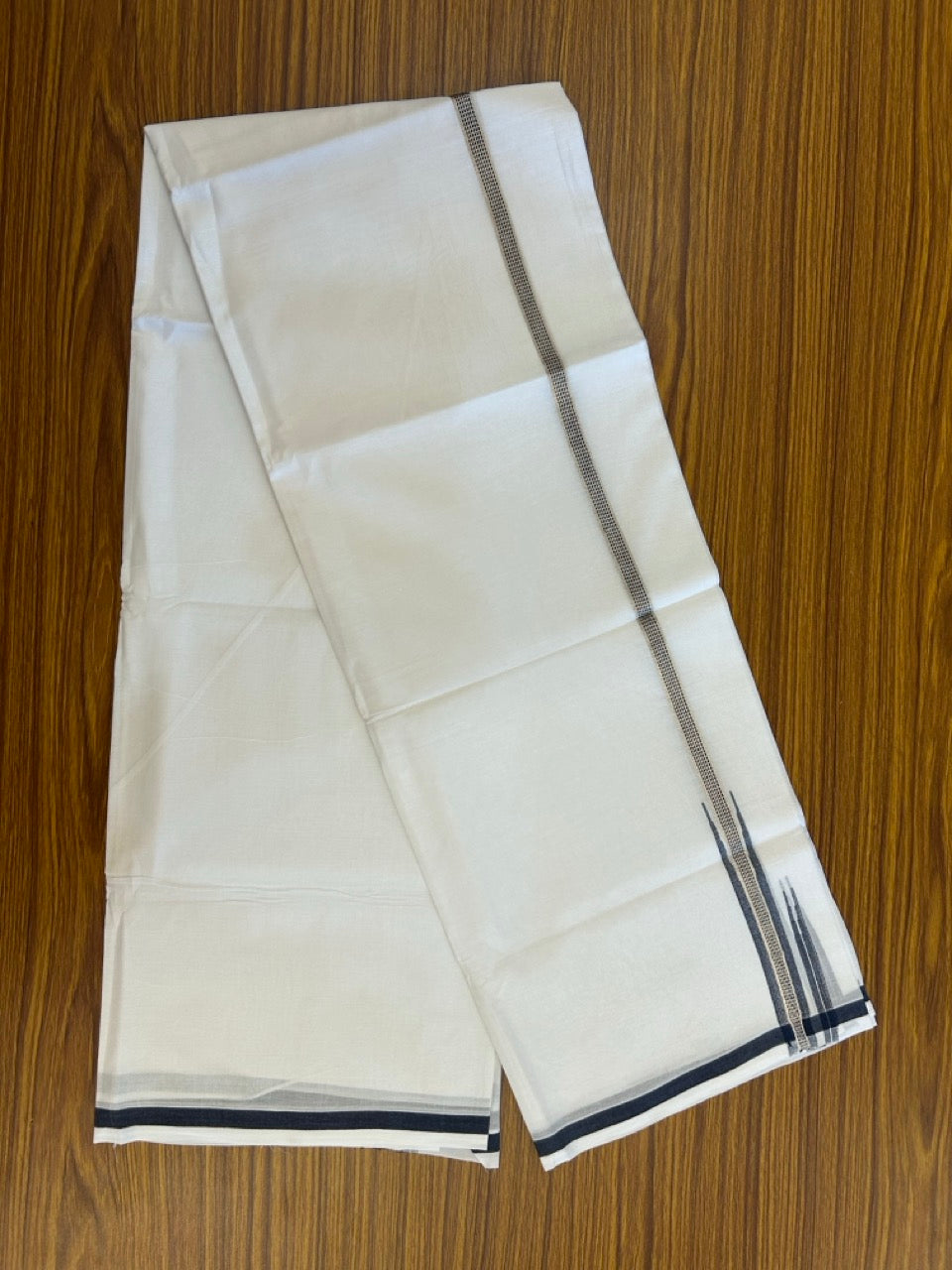 20% Discount ! NEW! KaithariKada Balaramapuram 100% Cotton Pure white Double Mundu/Dhoti - (100x80)s - 0.75 inch Dark Navy Blue Chutty Silver Kasav - 55 KK5252 CKS