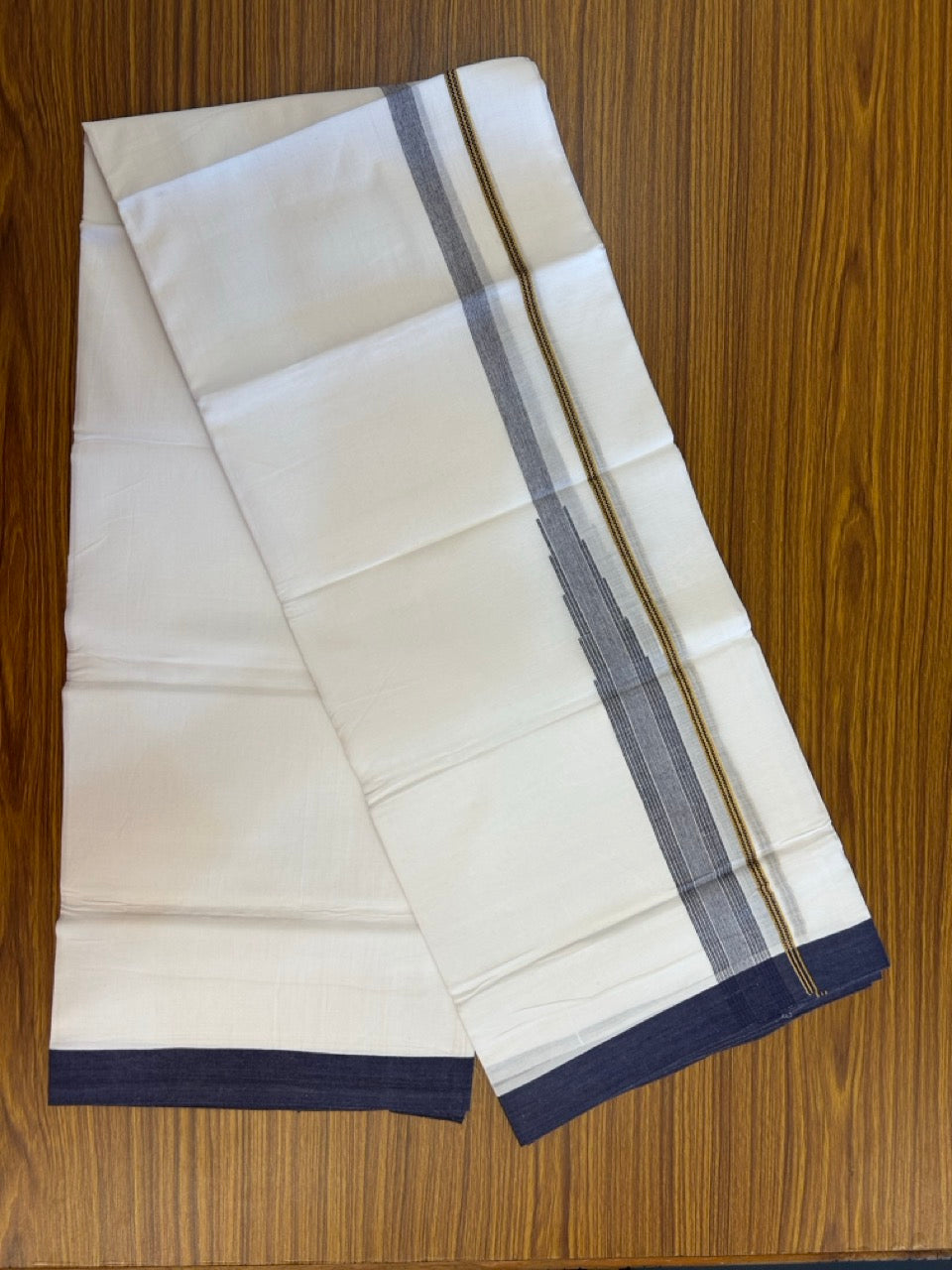 24% Discount! KaithariKada Balaramapuram 100% Cotton Pure white Double Mundu/Dhoti - (100x80)s - 1.5 inch Puliyilakkara Navy Blue Stripes Chutty Gold Kasav - 49 KK5258 THI