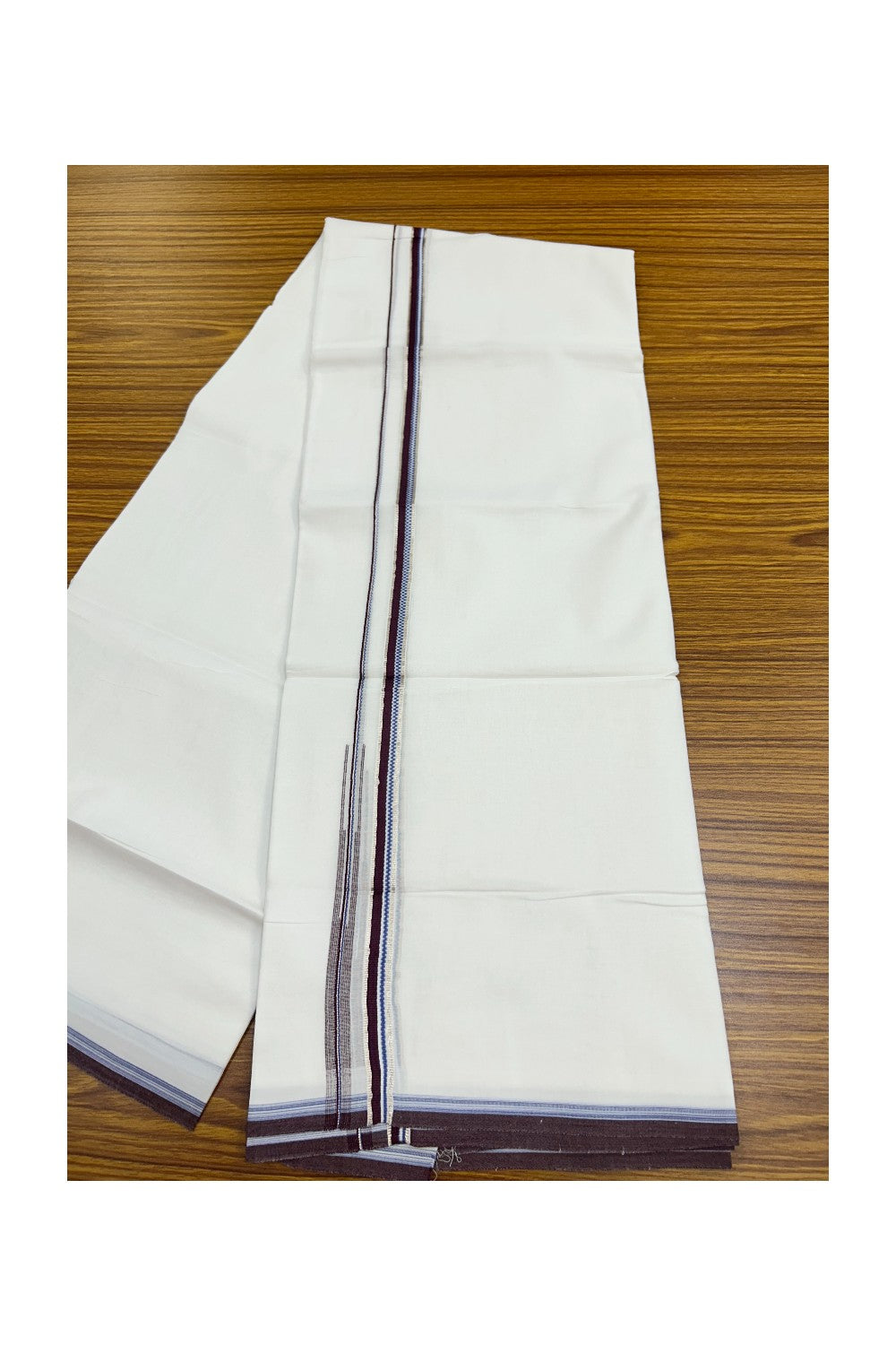 20% Discount !! Kaitharikada Balaramapuram 100% Cotton PURE WHITE DOUBLE Mundu/Dothi- 100X80 Thread - 0.5 inch - Silver Kasavu Maroon & Blue Design Chutty Kara - 49KK5191CKS
