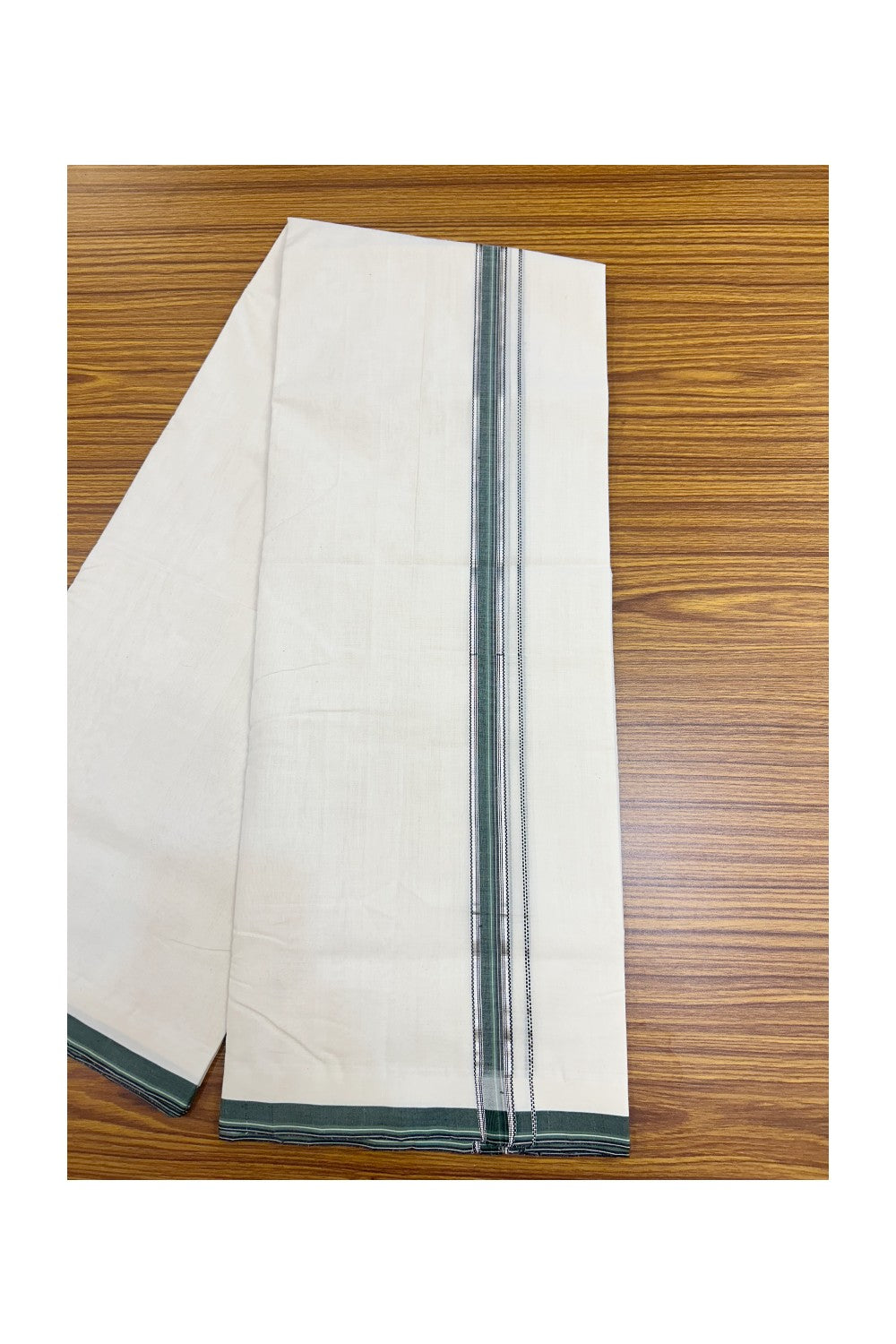 25% DISCOUNT!! KaithariKada HANDLOOM UNAKKUPAAV Balaramapuram - 100% PURE Cotton OFF White - (Unbleached) Double Mundu/Dothi - 80x100 - 1 inch Silver Kasavu Black & Green Striped Kara- 49KK5209 REA