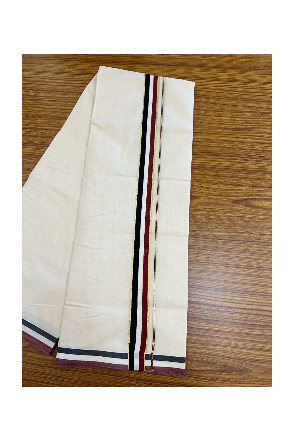 ADMK VESHTI - 20% DISCOUNT! KaithariKada 100% Cotton off white Double - (Unbleached) Mundu/Dhoti - 100X100 - 1.5 inch Gold Kasavu & Black White Maroon kara - 48KK5218ASH