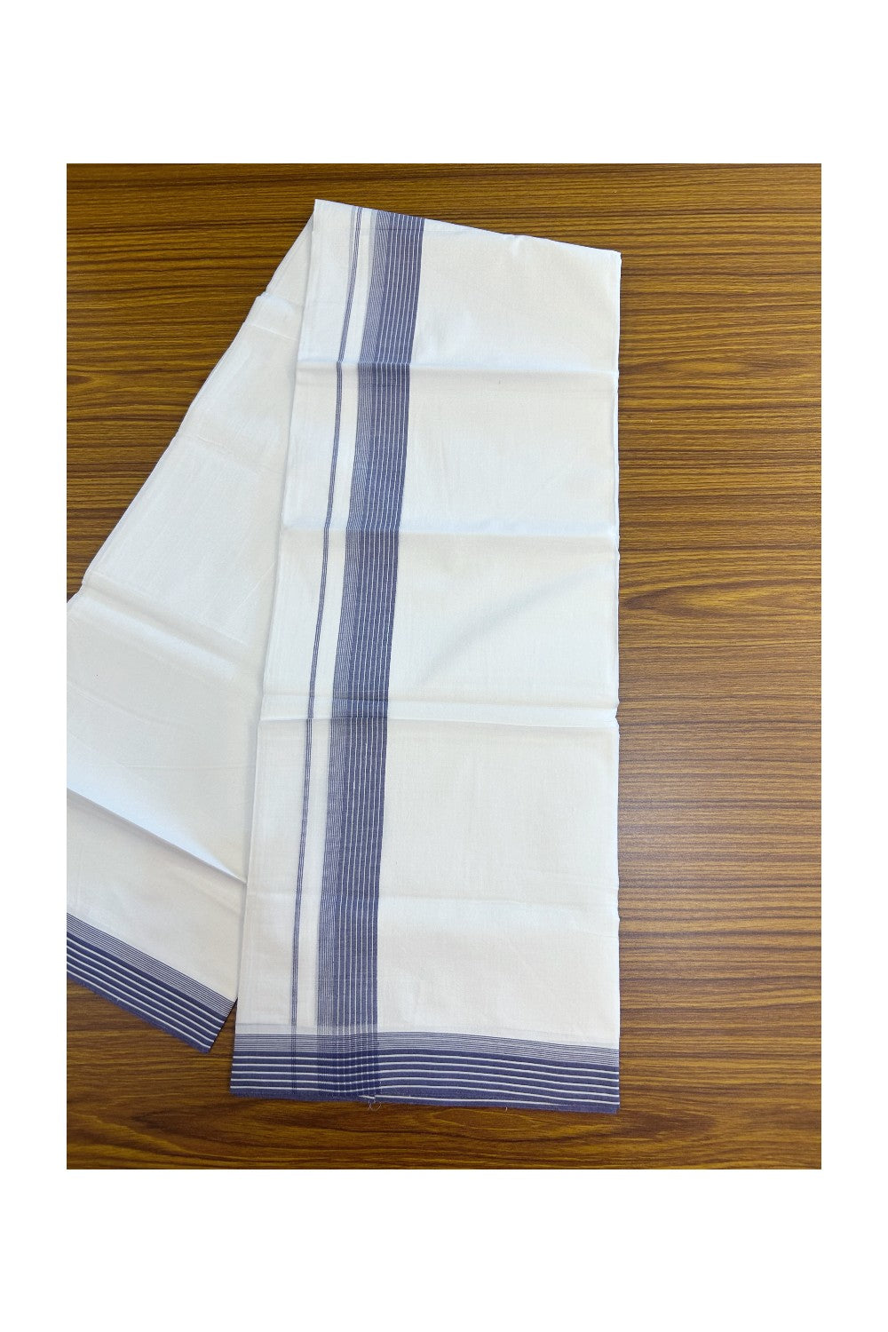 20% Discount ! Kaitharikada Balaramapuram 100% Cotton PURE WHITE Double Mundu/Dothi - 100x80 - 1.5 inch Violet Striped Kara 3.75 mtr (8 muzham) - 49KK5220 THI