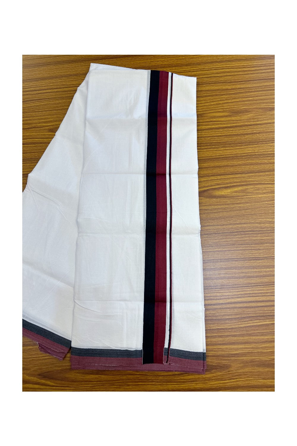 DMK Veshti - 20% DISCOUNT! KaithariKada 100% Cotton PURE WHITE Double Mundu/Dhoti - 100X100 - 1.75 inch Black & Maroon kara 3.80 mtr (8 muzham)- 48KK5224 ASH