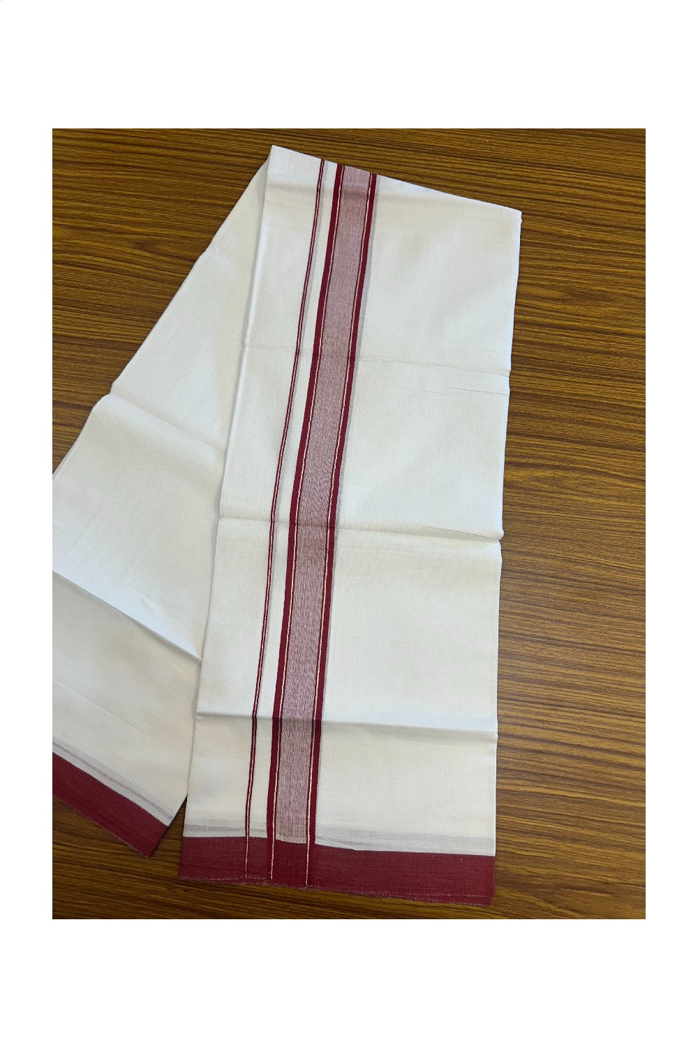 36% DISCOUNT! KaithariKada Balaramapuram 100% Cotton Double Pure white Mundu/Dhoti- 60s - 1.5 inch Silver Kasavu & Maroon Kara - 3.88mtr ( 8 muzham) - 49KK5227 PMC