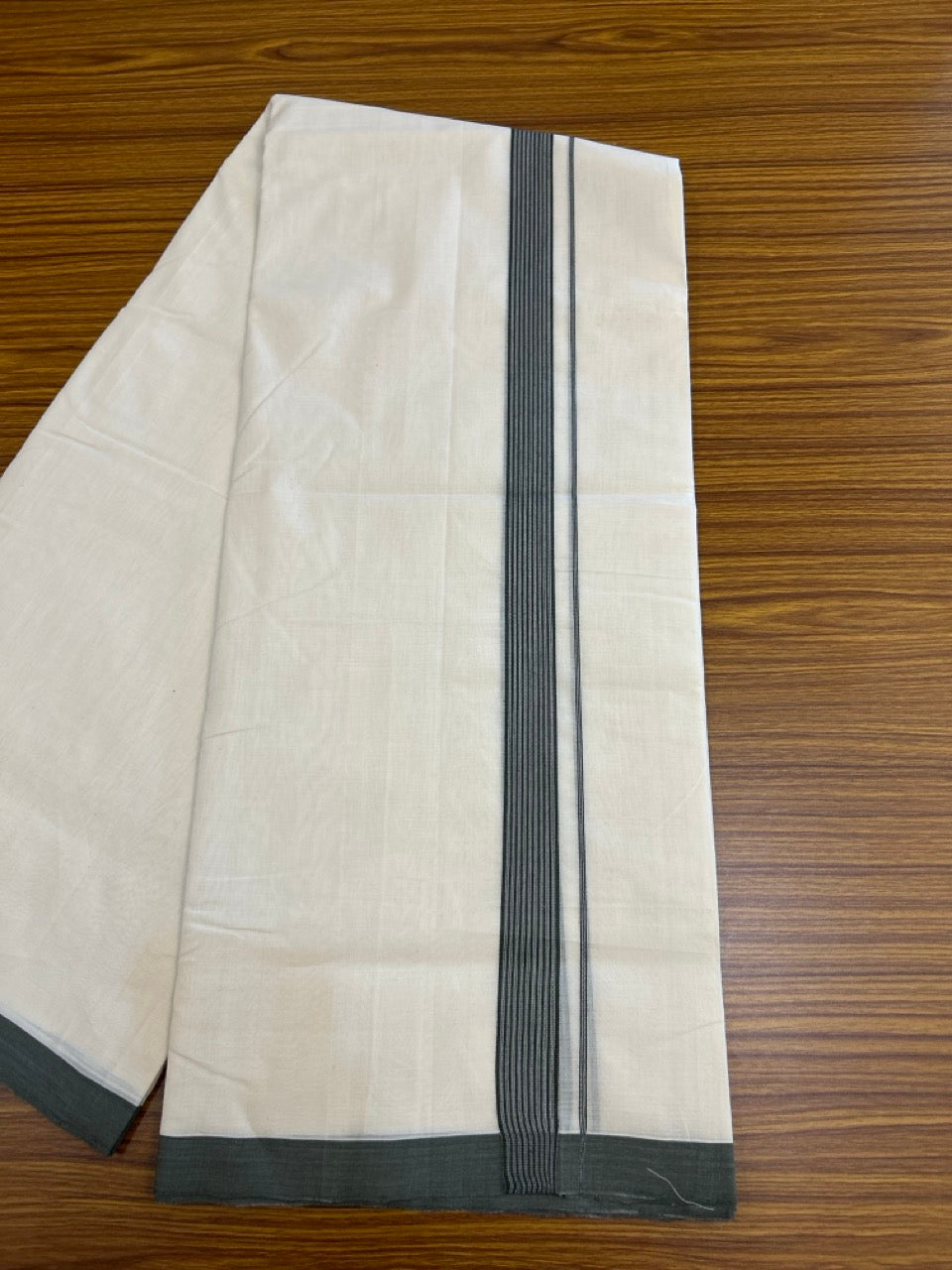 25% DISCOUNT!! KaithariKada HANDLOOM UNAKKUPAAV Balaramapuram - 100% PURE Cotton OFF White Double - (Unbleached)- Mundu/Dothi - Ash Green White Kara 4.5 Meters (10 Muzham) - 49 KK5249 REA