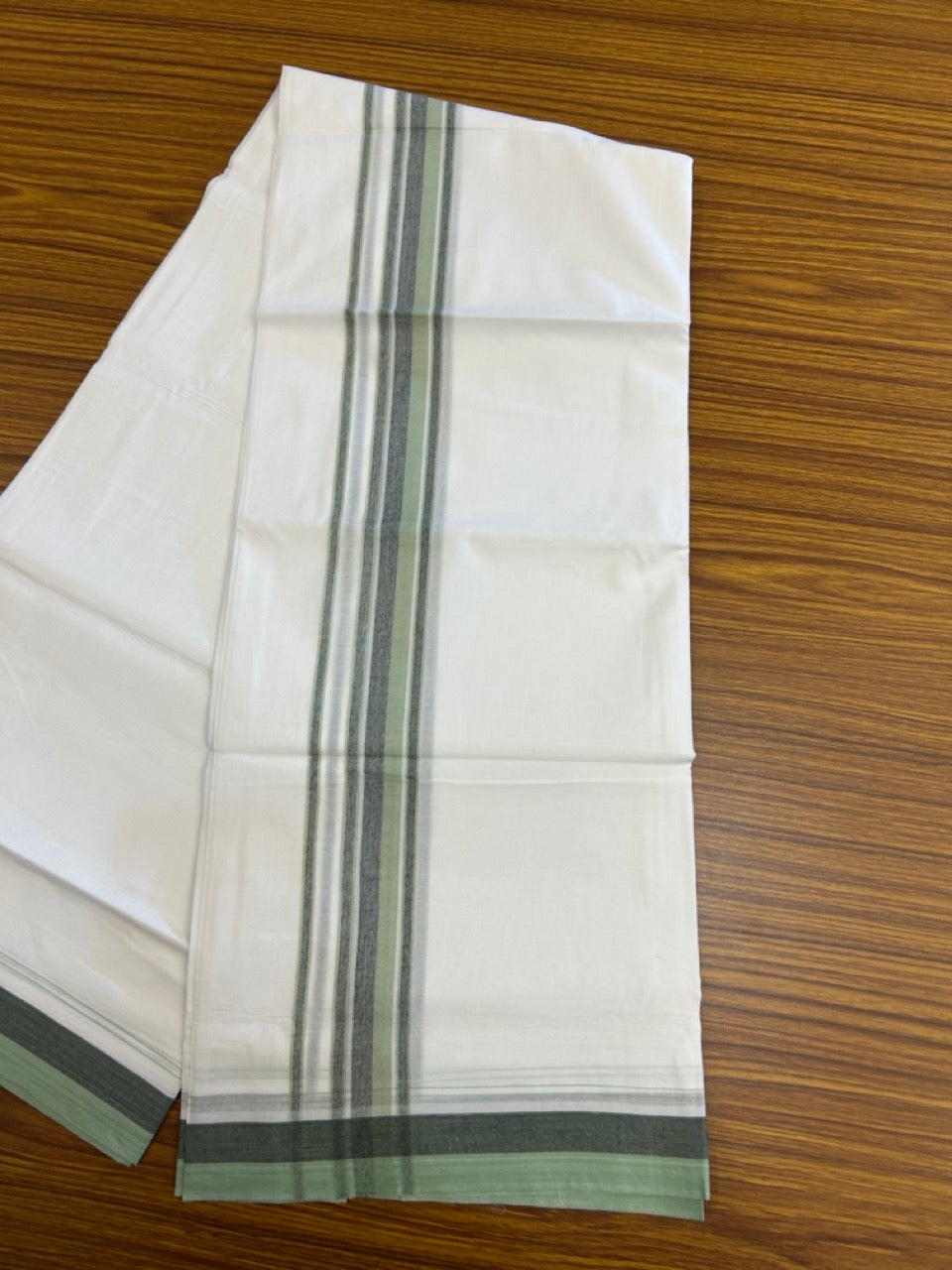 20% Discount ! NEW! KaithariKada Balaramapuram 100% Cotton Pure white Double Mundu/Dhoti - (100x80)s - 1.5 inch Green Stripes Kara - 49 KK5249 VIN