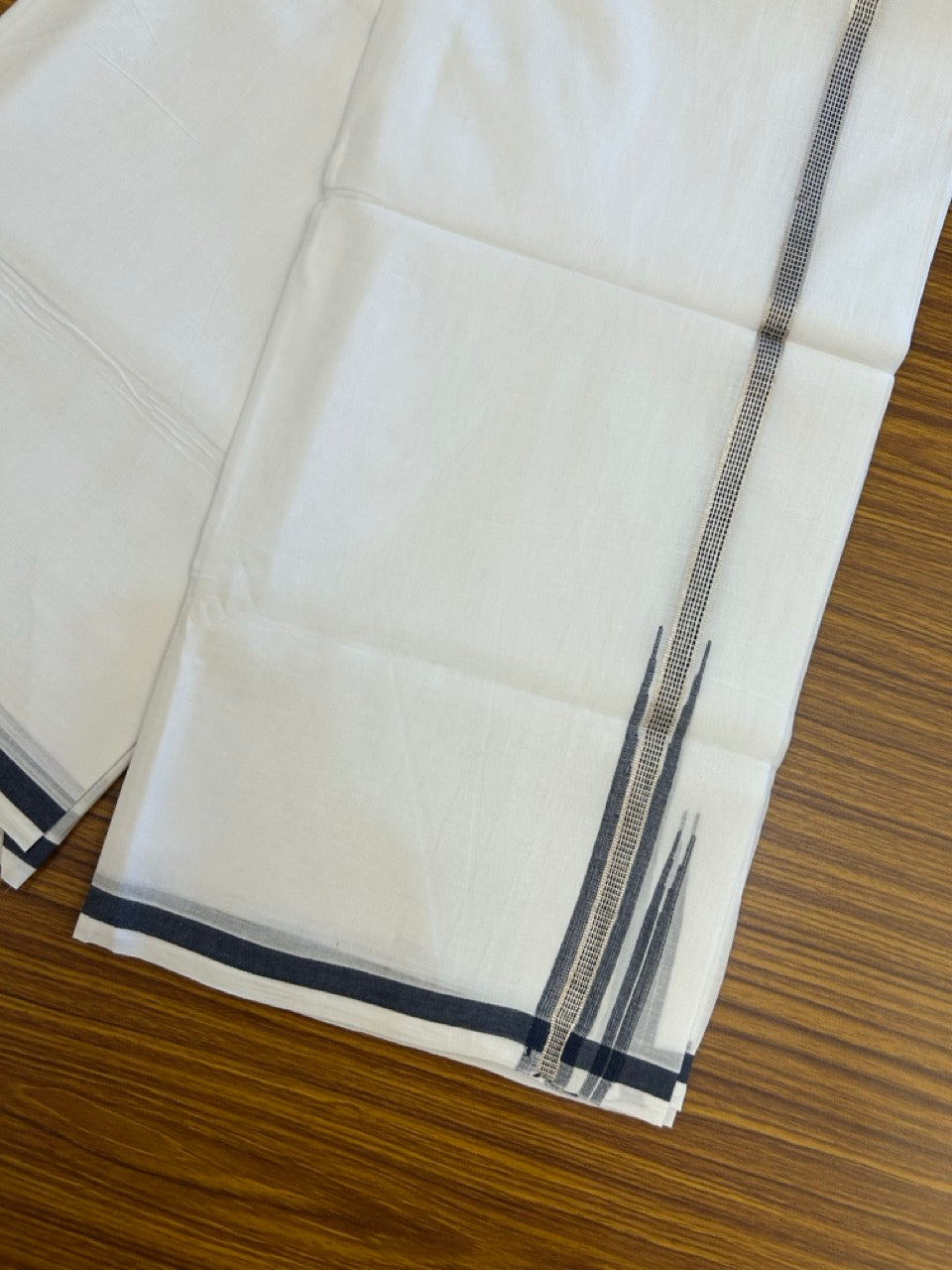 20% Discount ! NEW! KaithariKada Balaramapuram 100% Cotton Pure white Double Mundu/Dhoti - (100x80)s - 0.75 inch Dark Navy Blue Chutty Silver Kasav - 55 KK5252 CKS