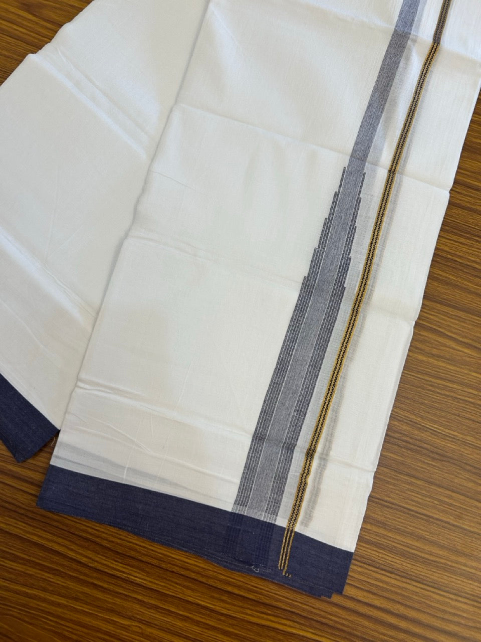24% Discount! KaithariKada Balaramapuram 100% Cotton Pure white Double Mundu/Dhoti - (100x80)s - 1.5 inch Puliyilakkara Navy Blue Stripes Chutty Gold Kasav - 49 KK5258 THI