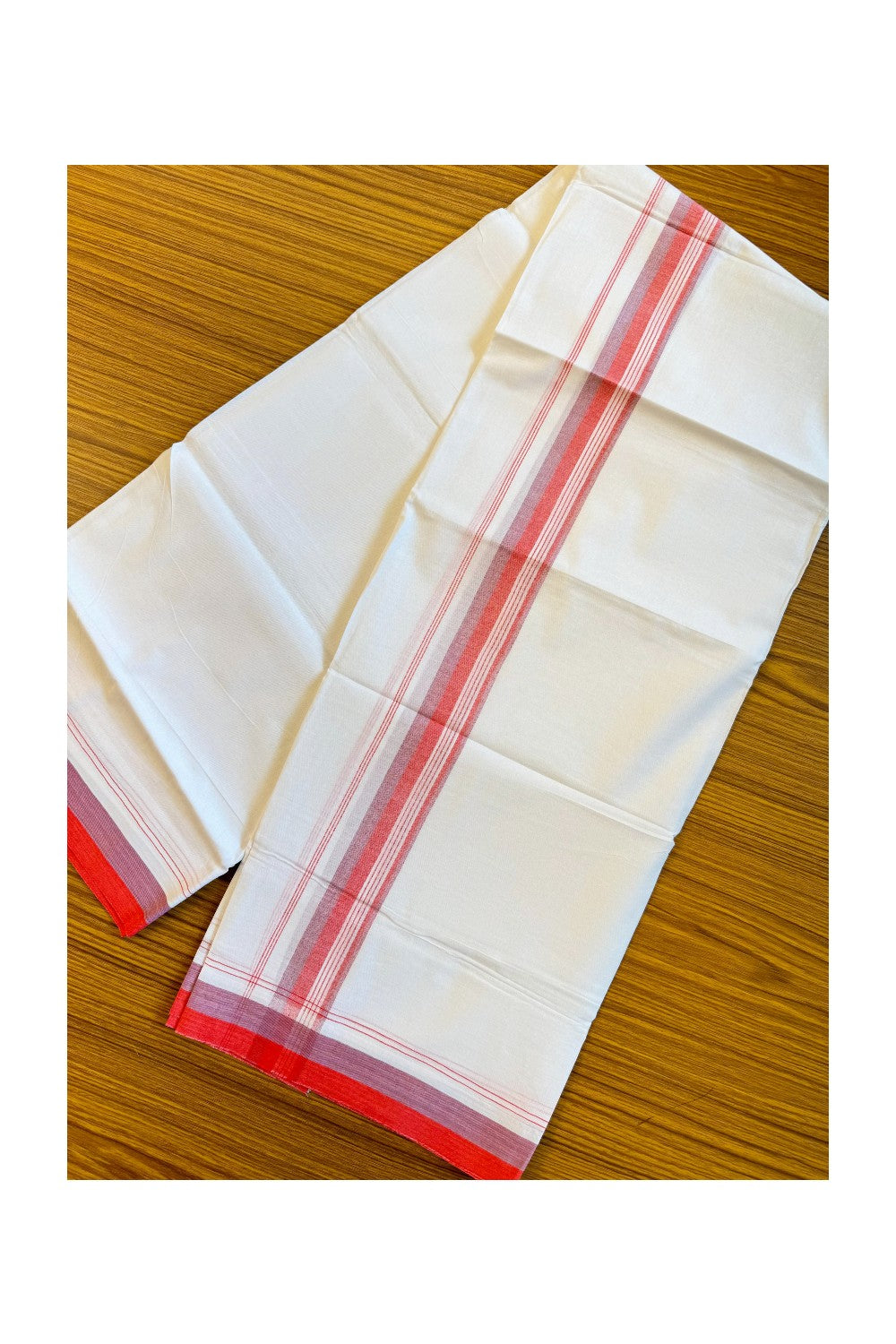 19% DISCOUNT!!! KaithariKada Balaramapuram 100% Cotton Double PURE white Mundu/Dhoti-100x100 2 Inch White side stripes Red & light purple shaded kara - 49KK83VIN