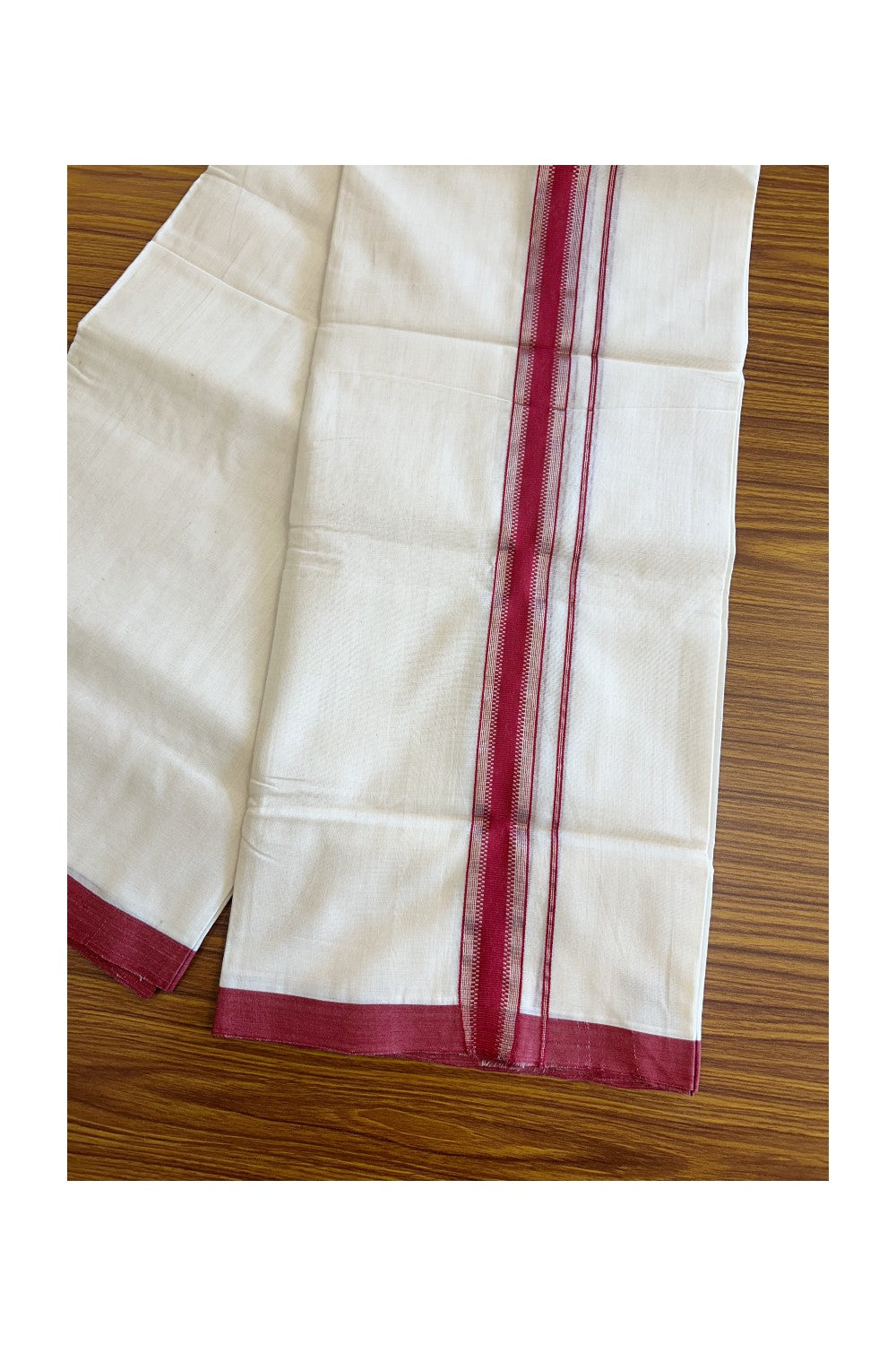 25% Discount!! KaithariKada Handloom Unakkupaavu Balaramapuram - 100% Pure Cotton Off White (Unbleached) Double Mundu/Dothi - Silver striped red kara - 17KK203RAM