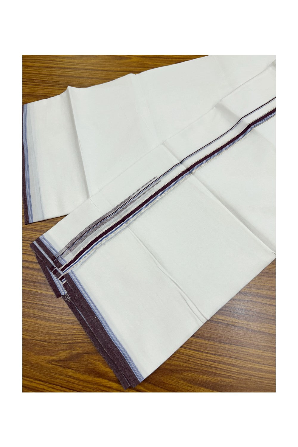 20% Discount !! Kaitharikada Balaramapuram 100% Cotton PURE WHITE DOUBLE Mundu/Dothi- 100X80 Thread - 0.5 inch - Silver Kasavu Maroon & Blue Design Chutty Kara - 49KK5191CKS