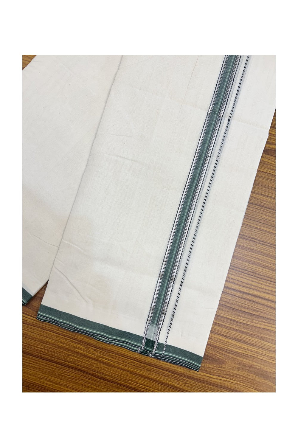 25% DISCOUNT!! KaithariKada HANDLOOM UNAKKUPAAV Balaramapuram - 100% PURE Cotton OFF White - (Unbleached) Double Mundu/Dothi - 80x100 - 1 inch Silver Kasavu Black & Green Striped Kara- 49KK5209 REA