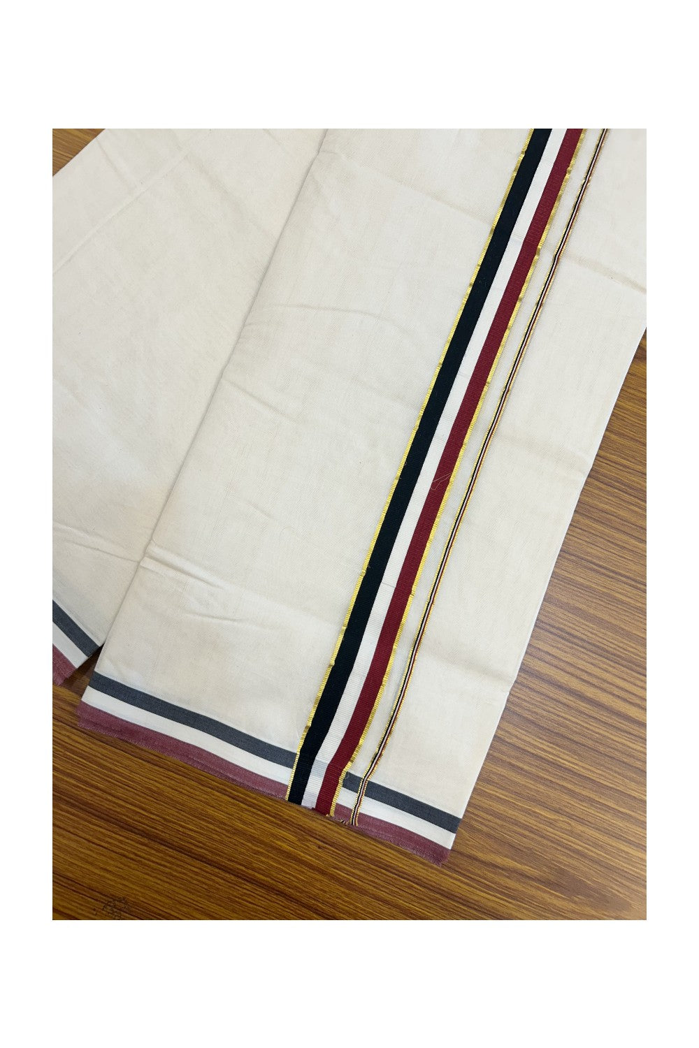 ADMK VESHTI - 20% DISCOUNT! KaithariKada 100% Cotton off white Double - (Unbleached) Mundu/Dhoti - 100X100 - 1.5 inch Gold Kasavu & Black White Maroon kara - 48KK5218ASH