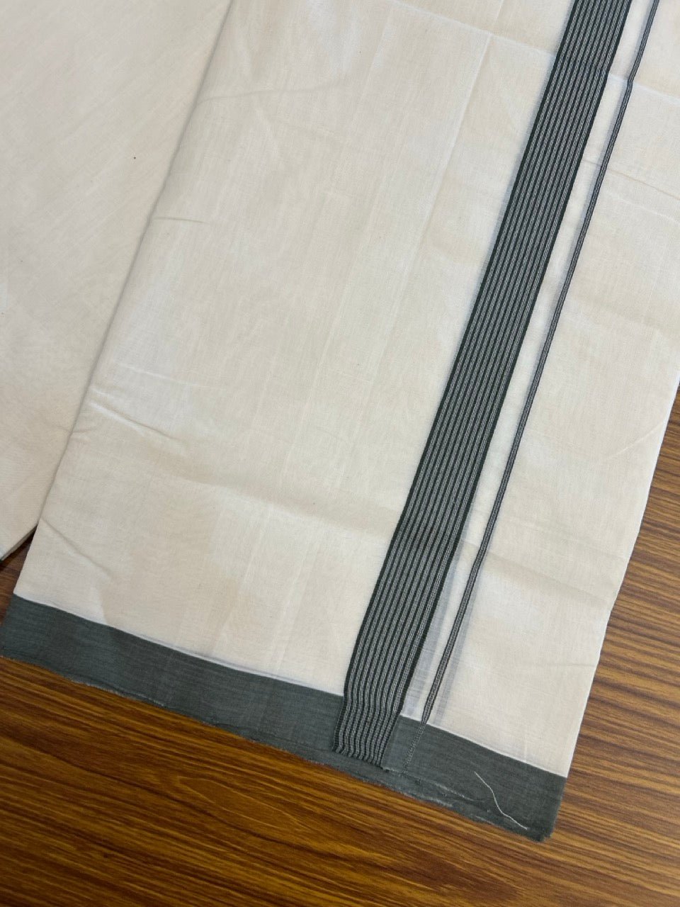 25% DISCOUNT!! KaithariKada HANDLOOM UNAKKUPAAV Balaramapuram - 100% PURE Cotton OFF White Double - (Unbleached)- Mundu/Dothi - Ash Green White Kara 4.5 Meters (10 Muzham) - 49 KK5249 REA