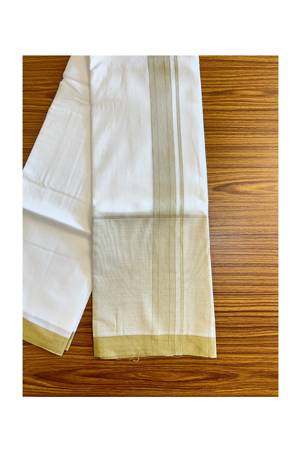 15% Discount!! Kaitharikada Balaramapuram 100% Cotton Pure White Double Mundu/Dothi-100x100   2 Inch Light Yellow Shaded  Cotton Kara 3.75m (8 Muzham) - 49KK74RAM
