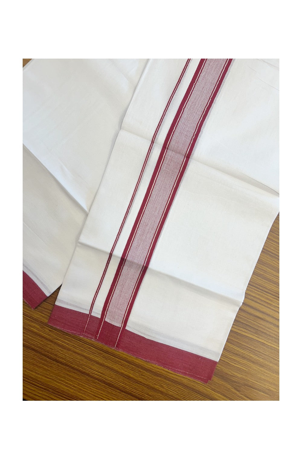 36% DISCOUNT! KaithariKada Balaramapuram 100% Cotton Double Pure white Mundu/Dhoti- 60s - 1.5 inch Silver Kasavu & Maroon Kara - 3.88mtr ( 8 muzham) - 49KK5227 PMC